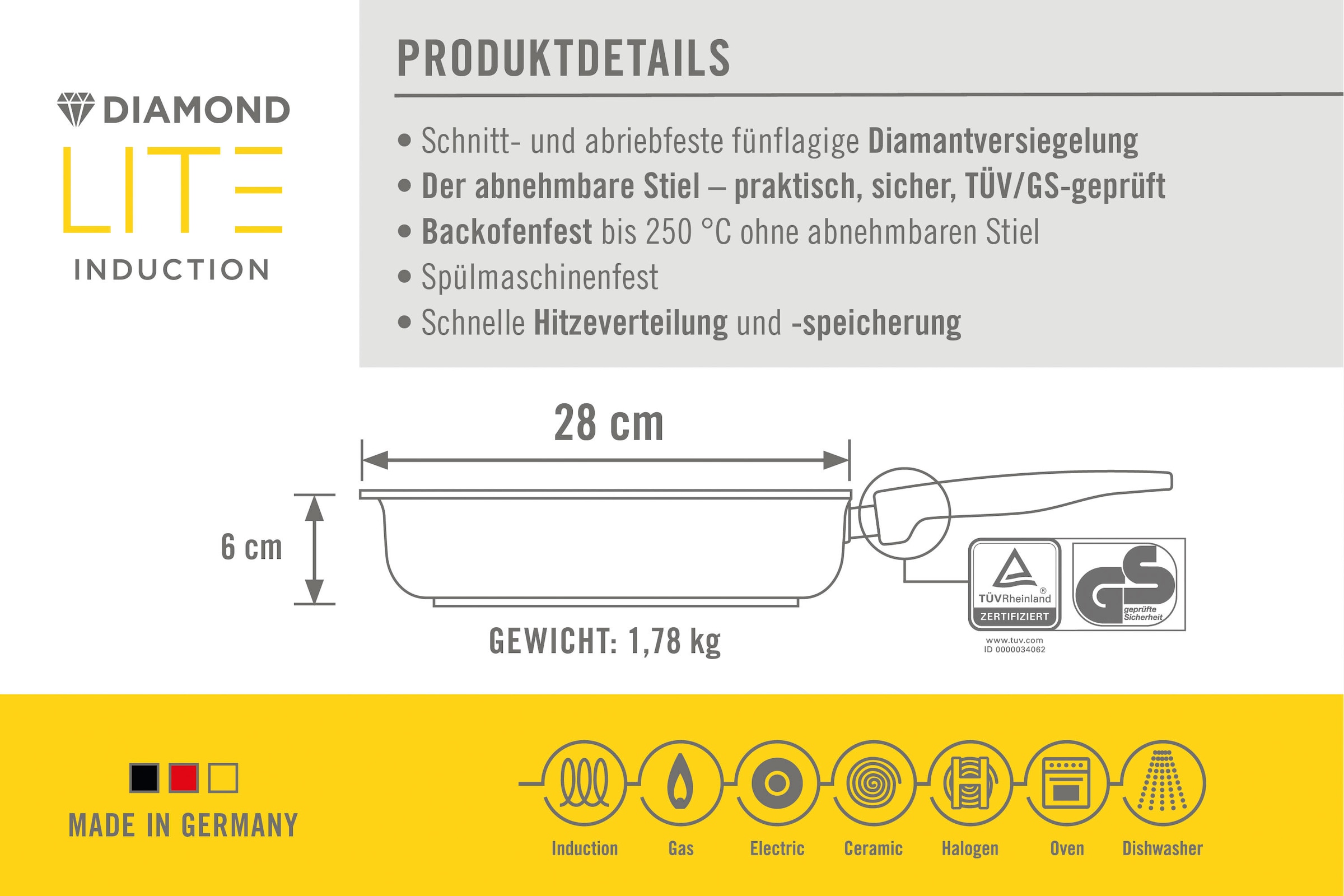 WOLL MADE IN GERMANY Bratpfanne »Diamond Lite«, Aluminium, (Set, 3 tlg.), Induktion, inkl. Spritzschutz, abnehmbarer Stiel, Made in Germany