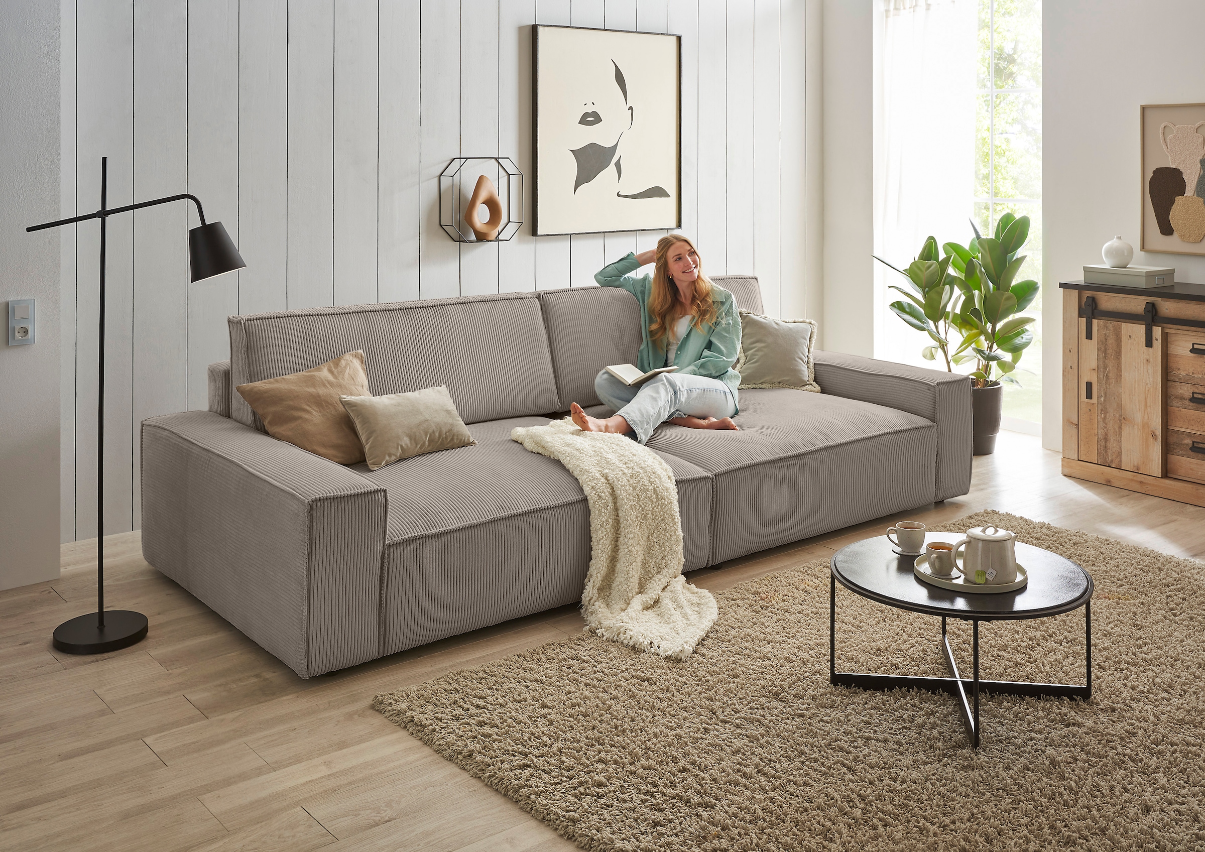 OTTO home Big-Sofa »SHERWOOD XXL Cord, Big-Sofa (316cm), extra tiefe Sitzfläche 95 cm« bequemer Sitzkomfort, Cord u. Leinenoptik, Kedernaht