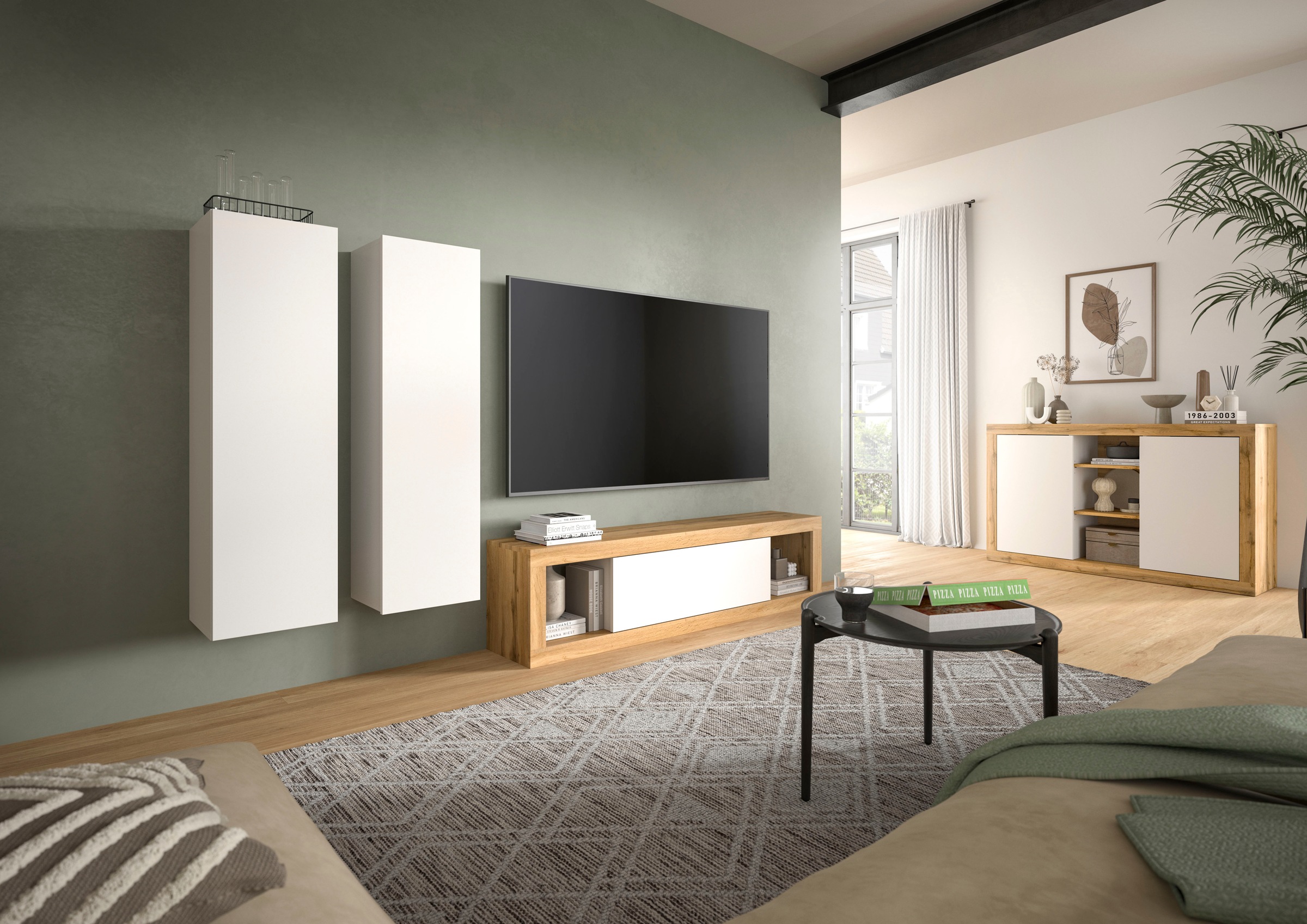 INOSIGN Lowboard »Trinity, Breite 150 cm, stehend und hängend, 1 Klappe,«, 2 offene Fächer, grifflose Fronten, TV-Möbel, TV Schrank, Hängeschrank