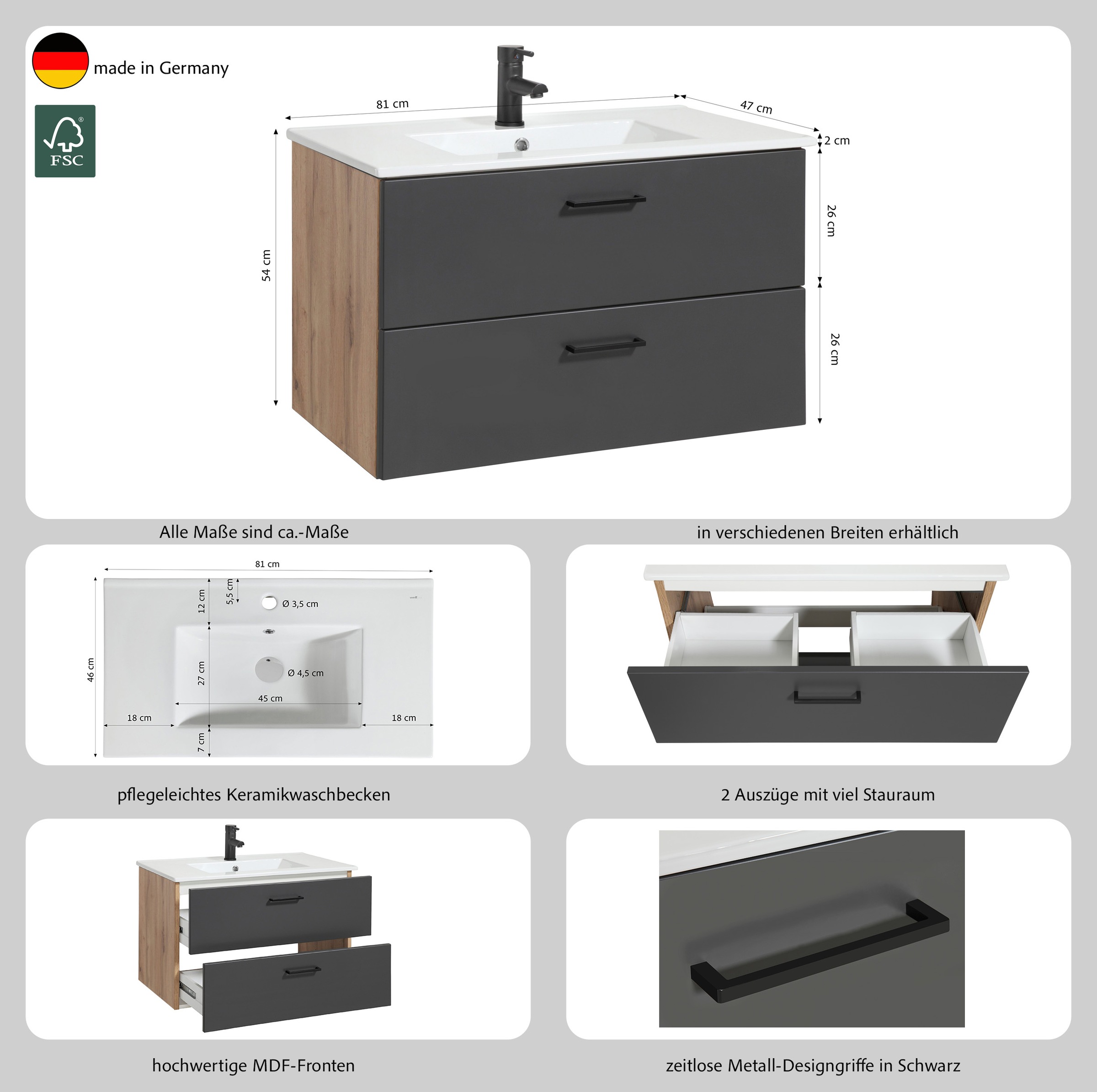 Thumbnail - welltime Waschtisch "Trento Badezimmerschrank mit Becken Bestseller" Badmöbel in Breite 80 cm, Waschplatz mit 2 Schublad...