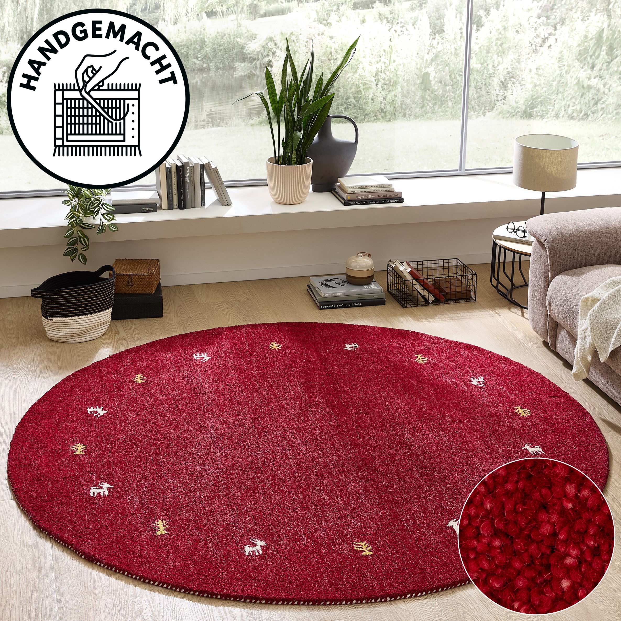 THEKO Wollteppich "Gabbeh Motiv, Handgefertigt, Teppich, Tiermotiv, reine Wolle" rund 14 mm Höhe reine Wolle, Wohnzimmer, Schlafzimmer, Esszimmer