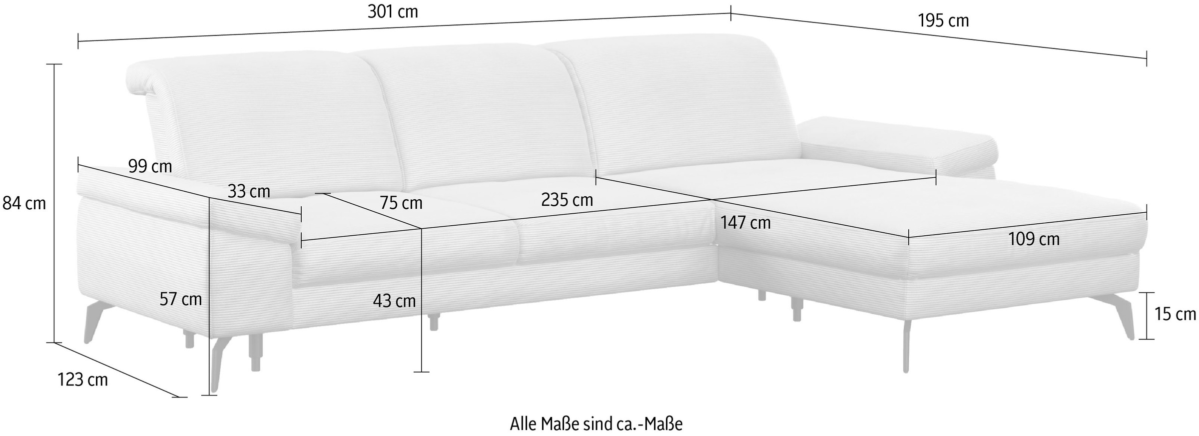 sit&more Ecksofa »Cabana L-Form«, Recamiere, wahlweise mit Sitztiefen-, Armlehnen- und Kopfteilfunktion
