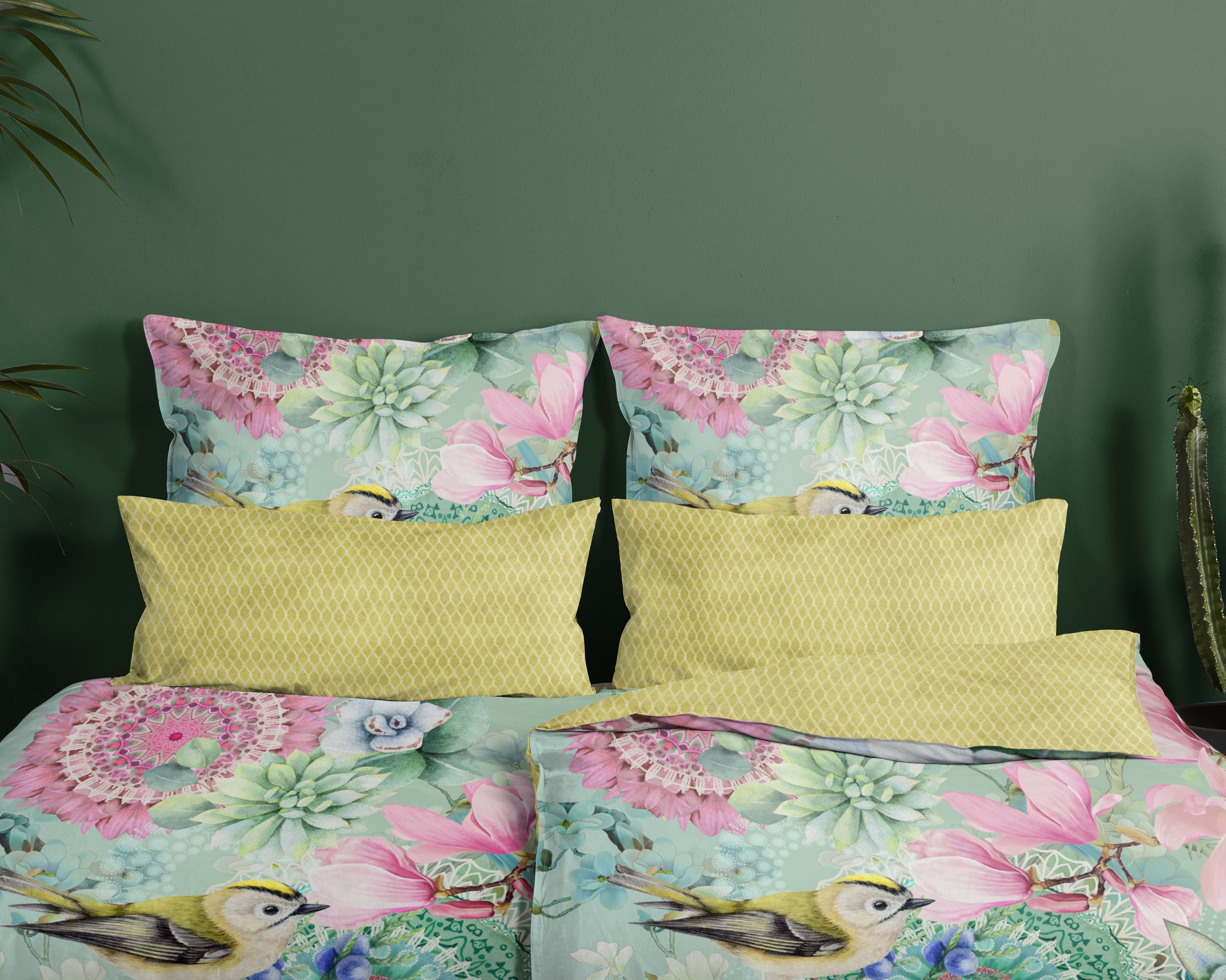 Thumbnail - hip Wendebettwäsche "XABINE" 2 Stk. Mako-Satin, 135x200, Reißverschluss, Wende, Mandala,Vogel Blumen, Grün