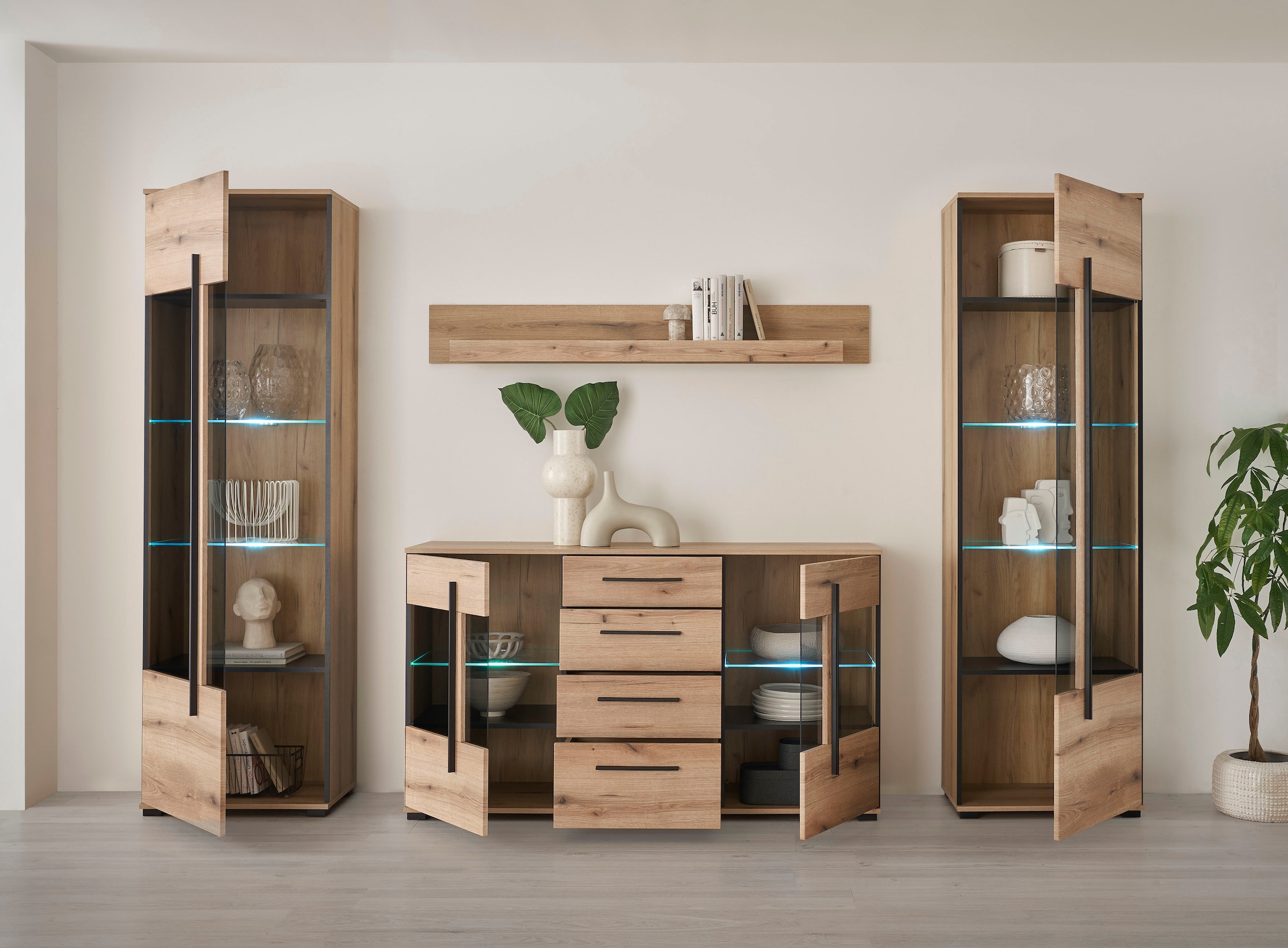 INOSIGN Wohnwand »Cantara, moderne Anbauwand, Wohnzimmer-Set, in Eiche Evoke oder Weiß«, (Set), enthält zwei Vitrinen, ein Sideboard und ein Wandboard