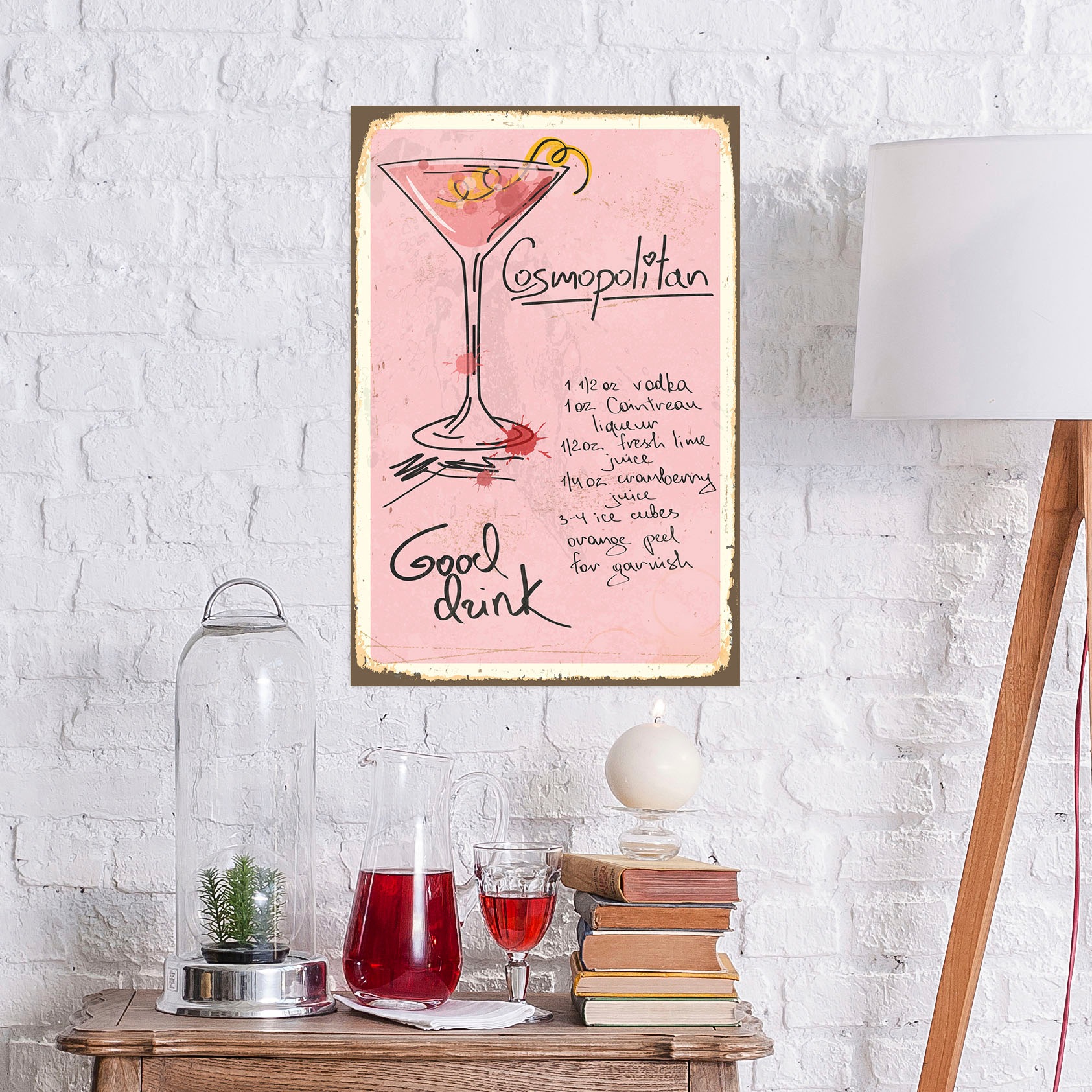 queence Metallbild "Cosmopolitan" Getränke  Schriftzug  Sprüche  Sprüche & Texte 1 Stk. tlg. Stahlschild, Blechschild, Rezept, Cocktail, rosa, Wanddeko