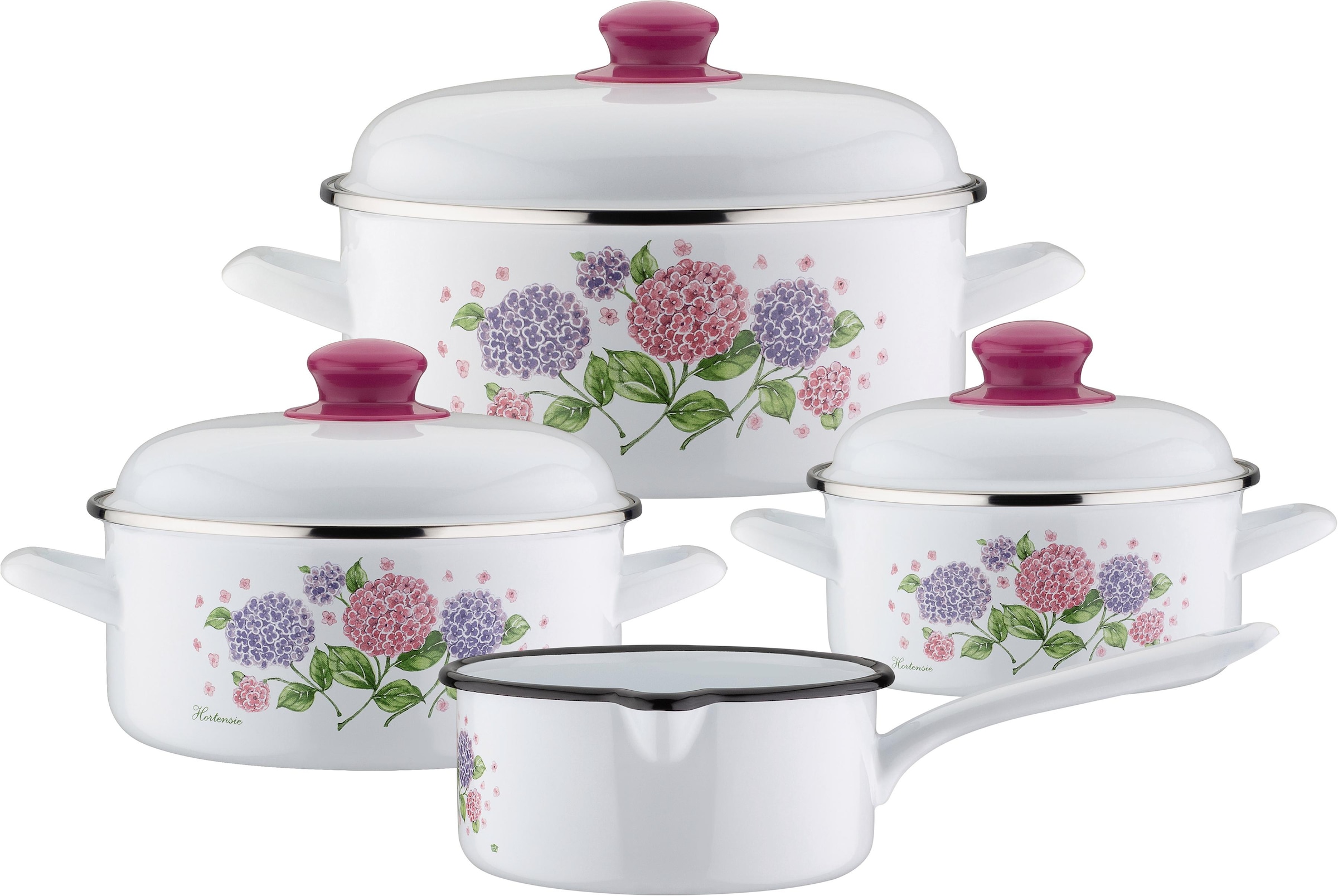 GSW Topf-Set "Hortensie", Stahl-Emaille, (Set, 7 tlg., je 1 Kochtopf Ø 16/20/24 cm, 1x Stielkasserolle Ø 16 cm), Indukti