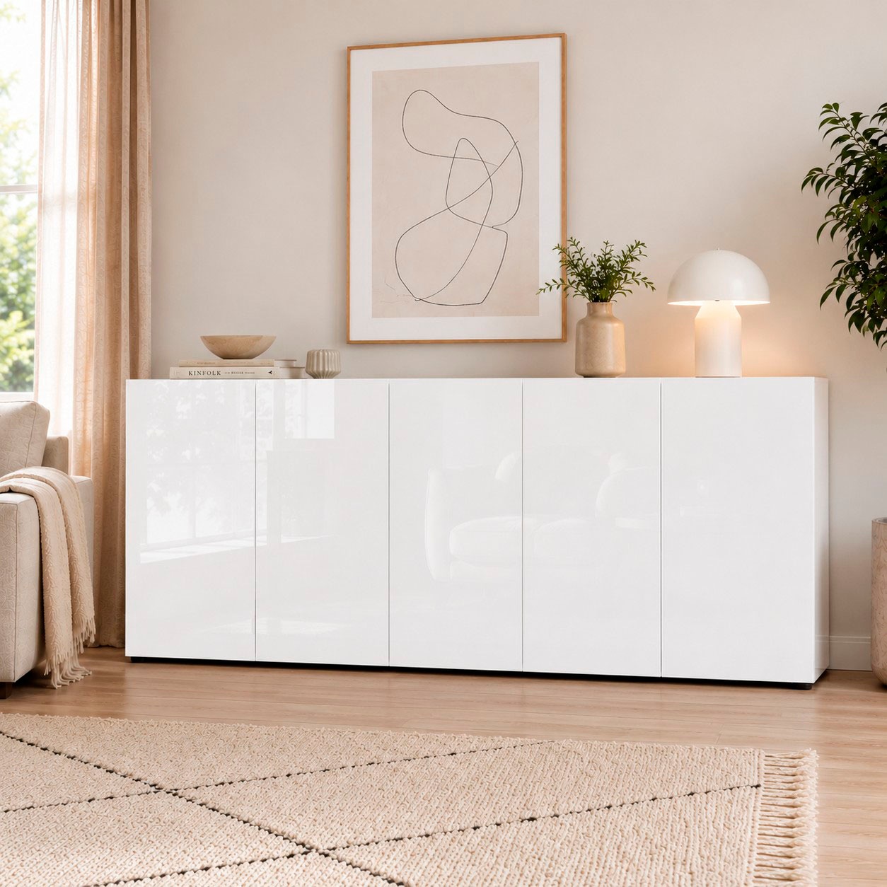 Home affaire Sideboard "MISTER – Schrank, Kommode, 225 cm breit, 80 cm hoch, Made in Italy" komplett Hochglanz lackiert, 5 Türen, 6 Fächer