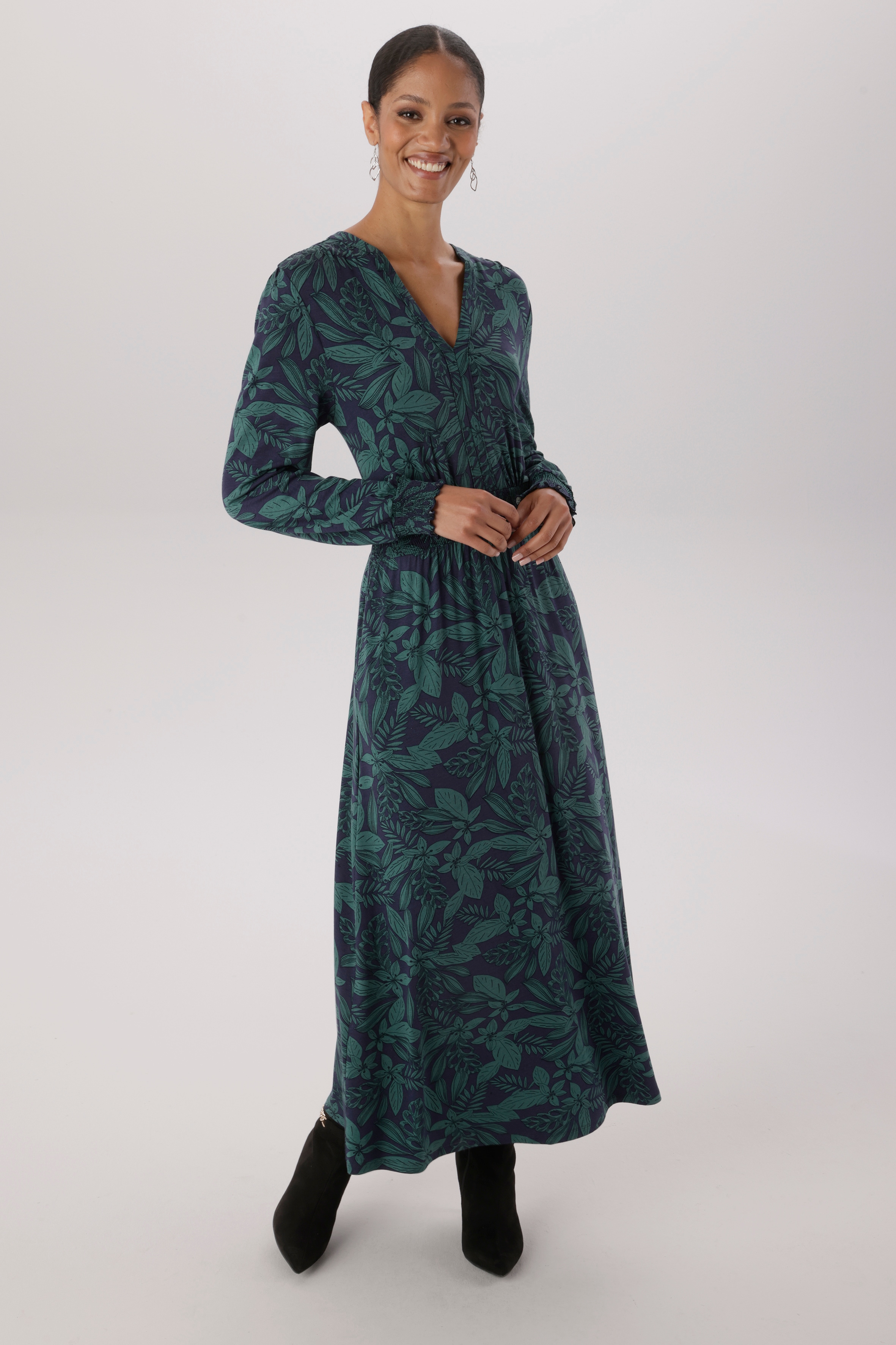 Aniston SELECTED Midikleid mit Smok-Details und fantasievollem Bläterdruck - NEUE KOLLEKTION