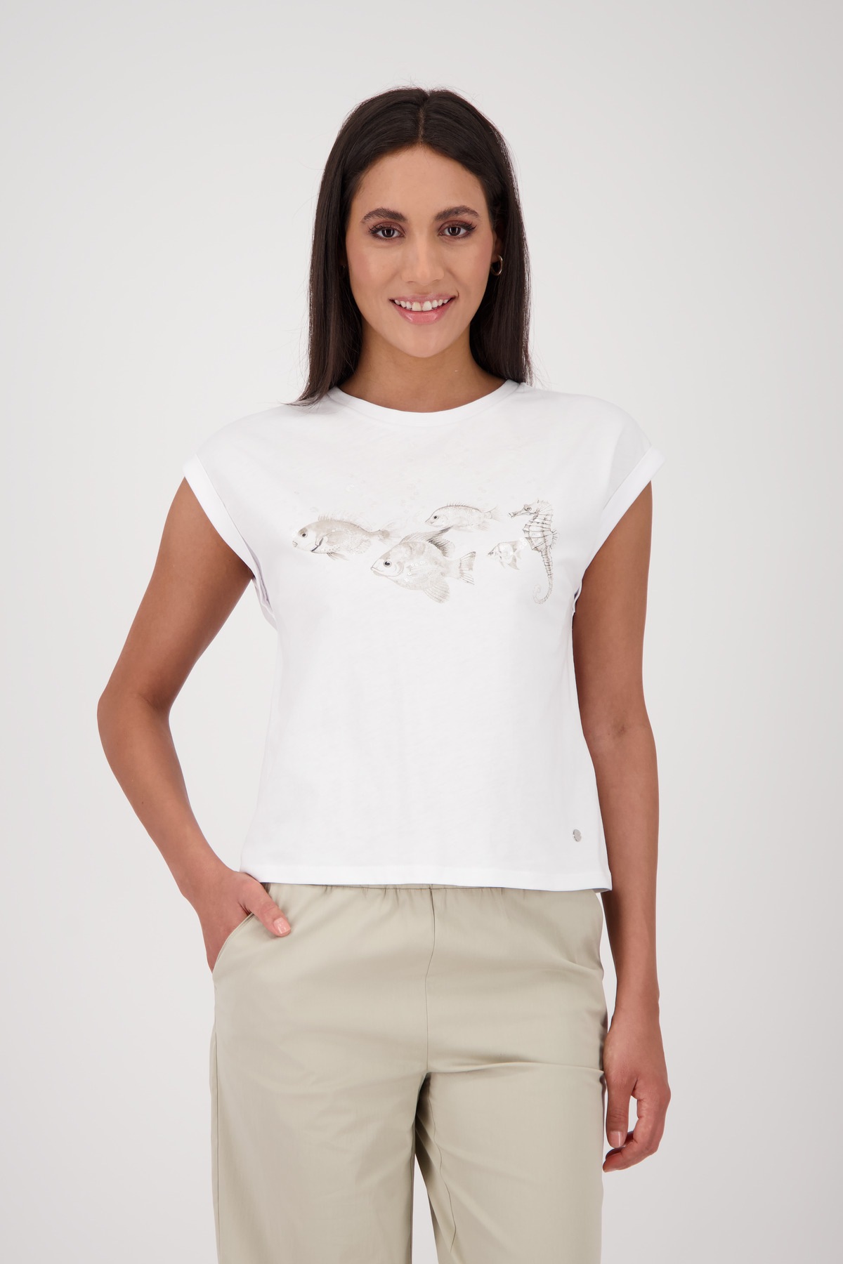Monari Rundhalsshirt "Shirt Fische + Pailetten" mit Frontprint günstig online kaufen