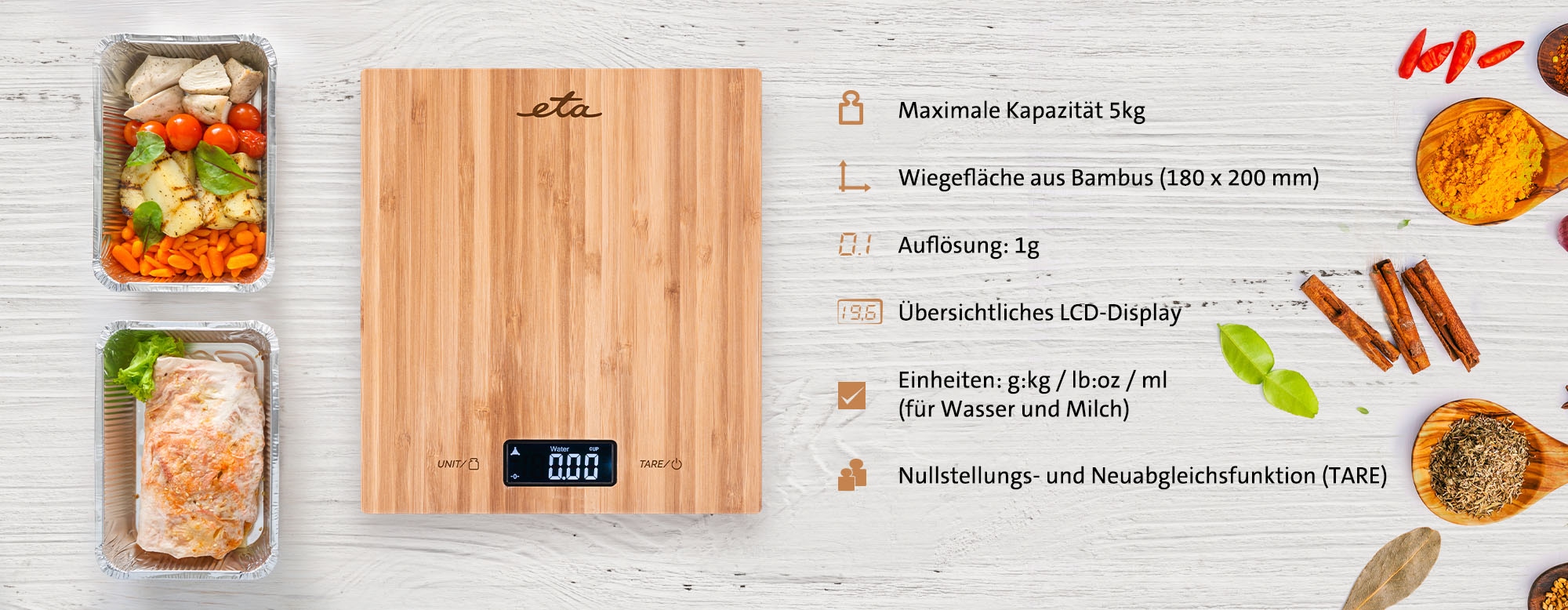 eta Küchenwaage »Bambi, ETA977890000«, (3 tlg.), bis 5kg, Genauigkeit 1g, LCD-Display, TARE, Bambus Design