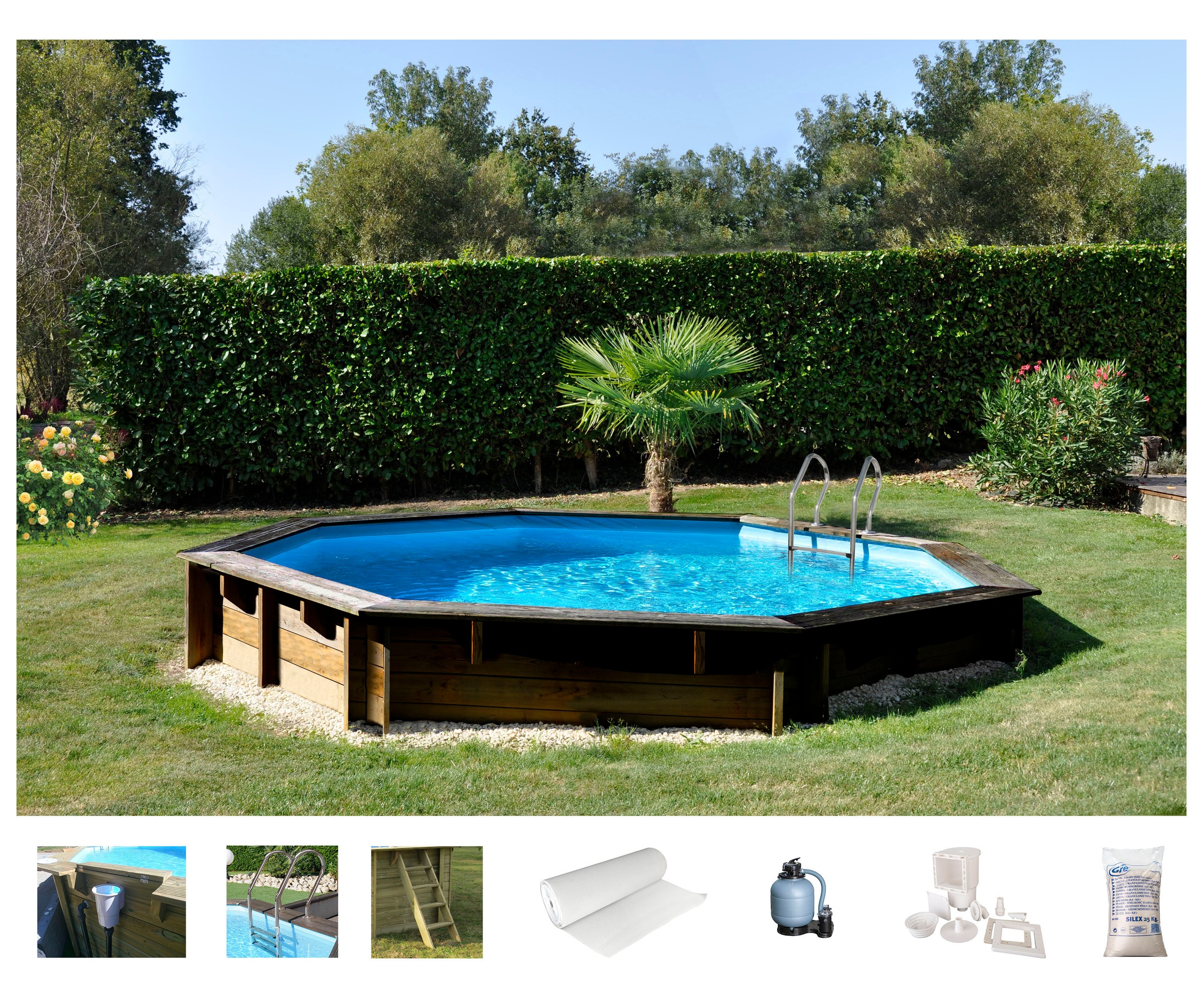 Gre Achteckpool »VASTO mit Edelstahlleiter«, (Set, 8 tlg.), Kiefernholz, ØxH: 428x136 cm