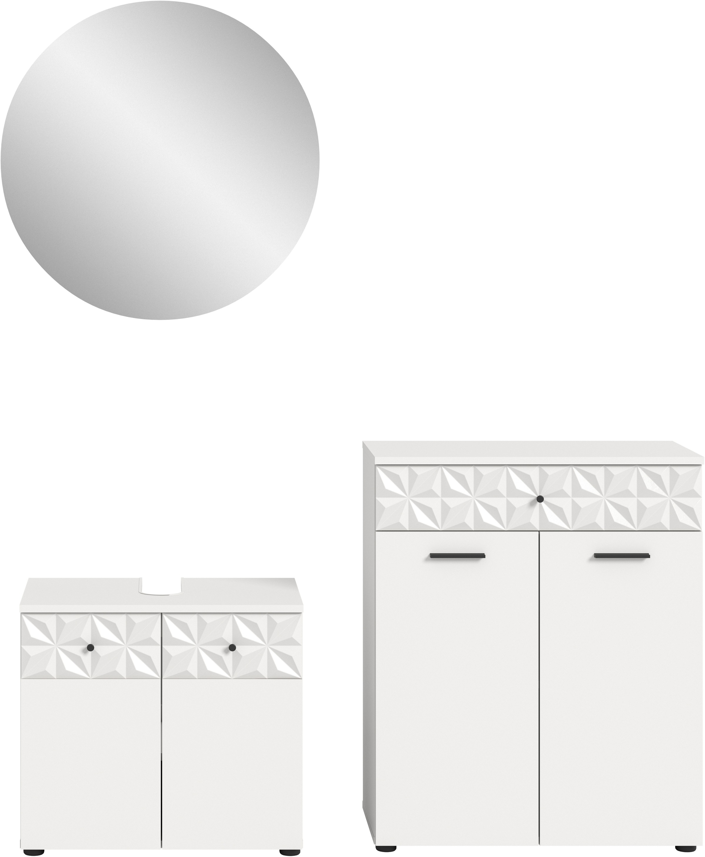 INOSIGN Badezimmer-Set »VICENZA, TOPSELLER!, Breite 145cm, 3-teilig, mit Ornamentabsetzung«, (best. aus: Waschbeckenunterschrank, Spiegelschrank und Unterschrank), Waschbeckenunterschrank, Spiegelschrank und Unterschrank