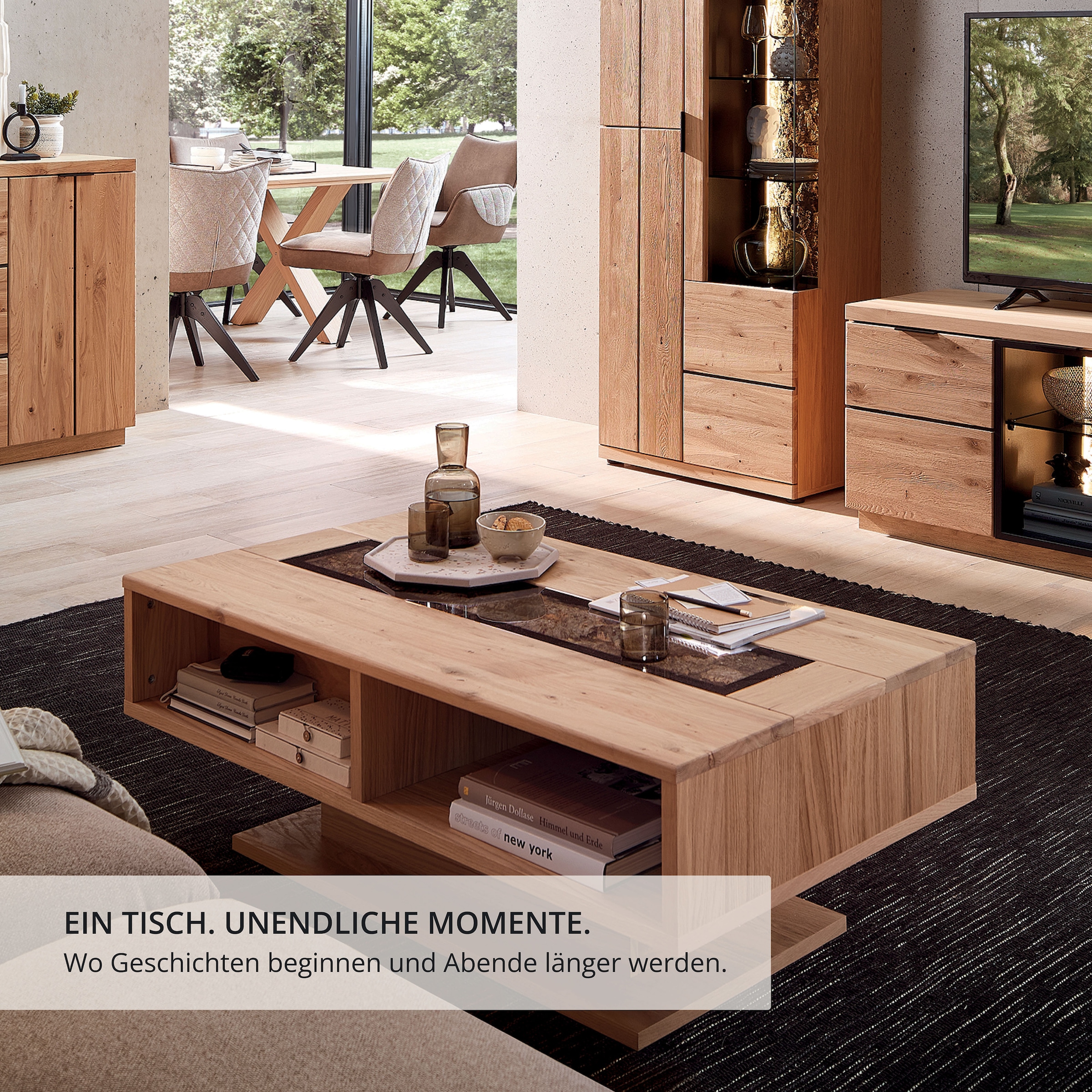 Wohnconcept Couchtisch »Donna Couchtisch, 115x43x65 (BxHxT)« 1 Stk. tlg. Massivholz, Absetzung Echtkork gerundet, 4 offene Fächer