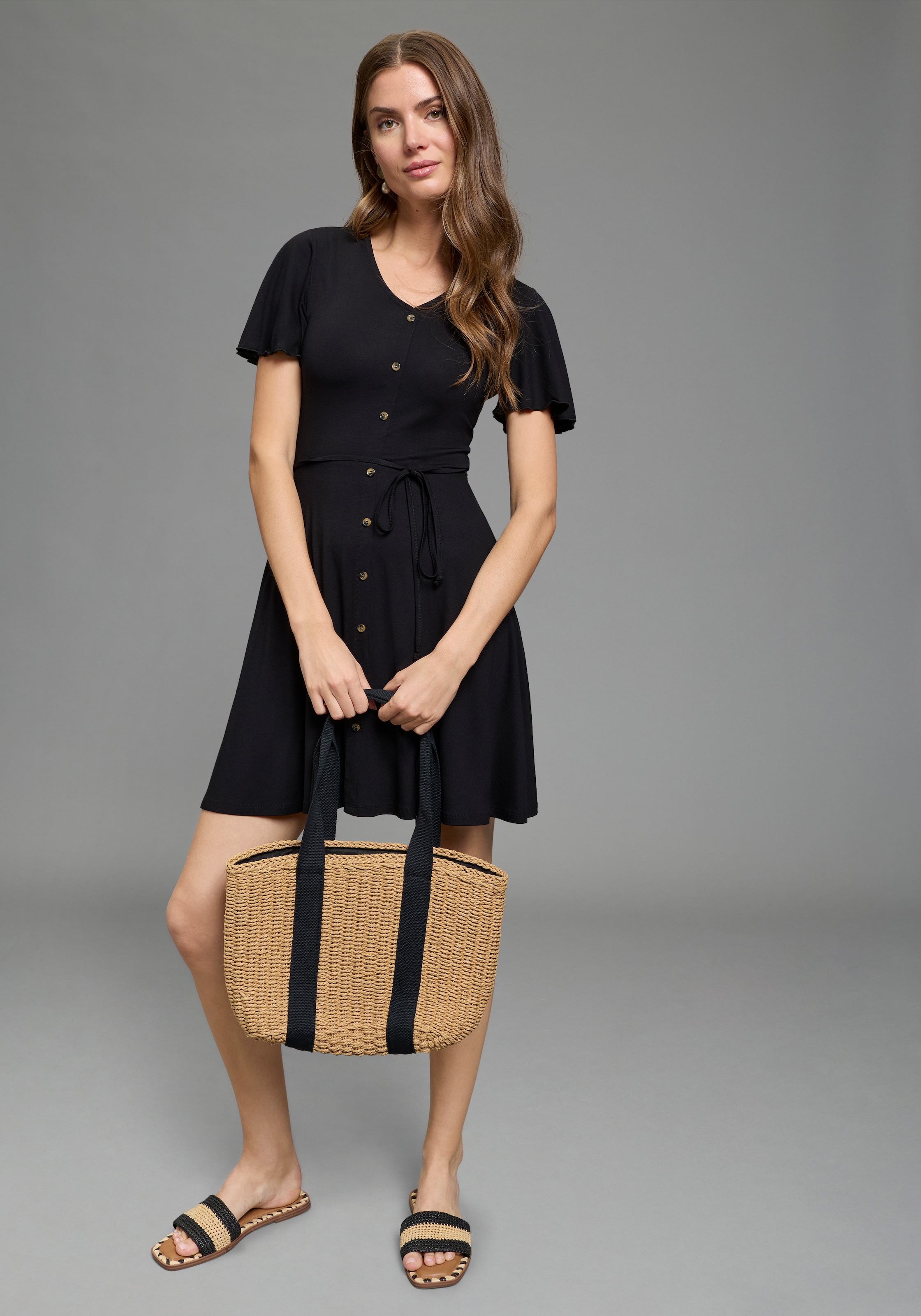 Laura Scott Sommerkleid dekorative Knopfleiste, elastische Viskosemischung, mit V-Ausschnitt