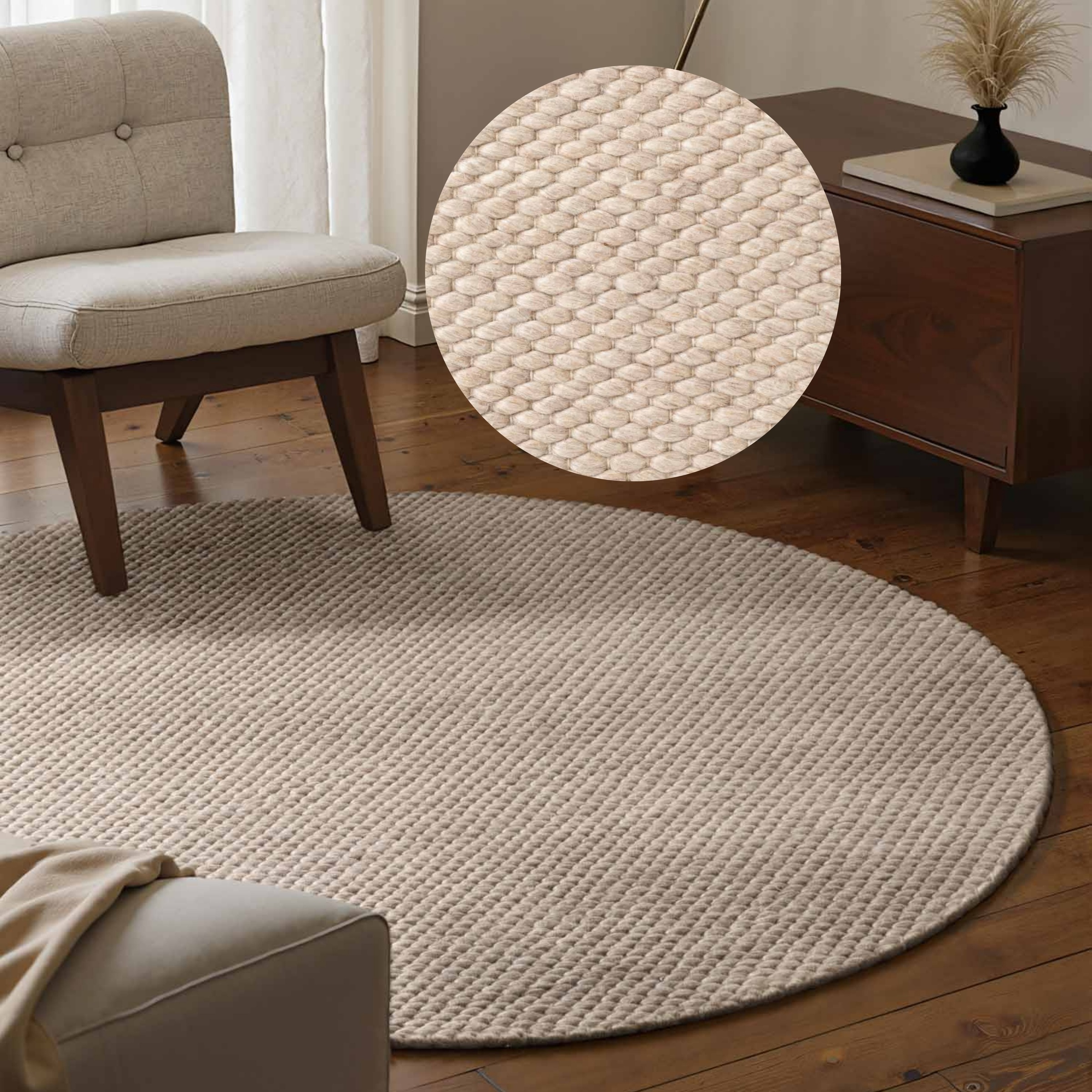 ELLE DECORATION "Beans" rund 10 mm Höhe Handweb Teppich Wolle, Rund, Perlenstruktur, Wohnzimmer, Schlafzimmer