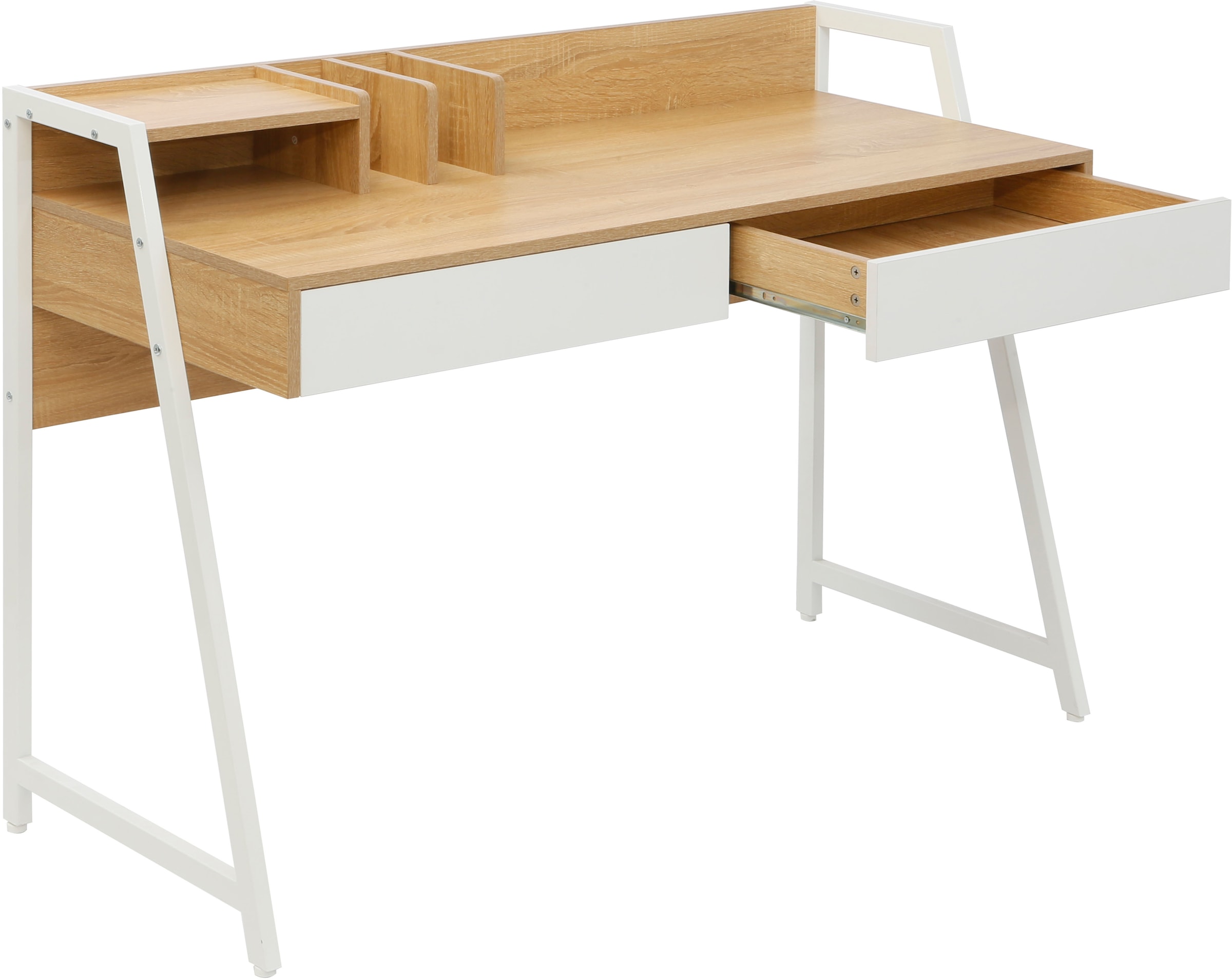 Home affaire Schreibtisch »Cowell«, (Breite 124 cm), 2 Schubladen, Ablage & integrierte Buchstützen, Metallgestell
