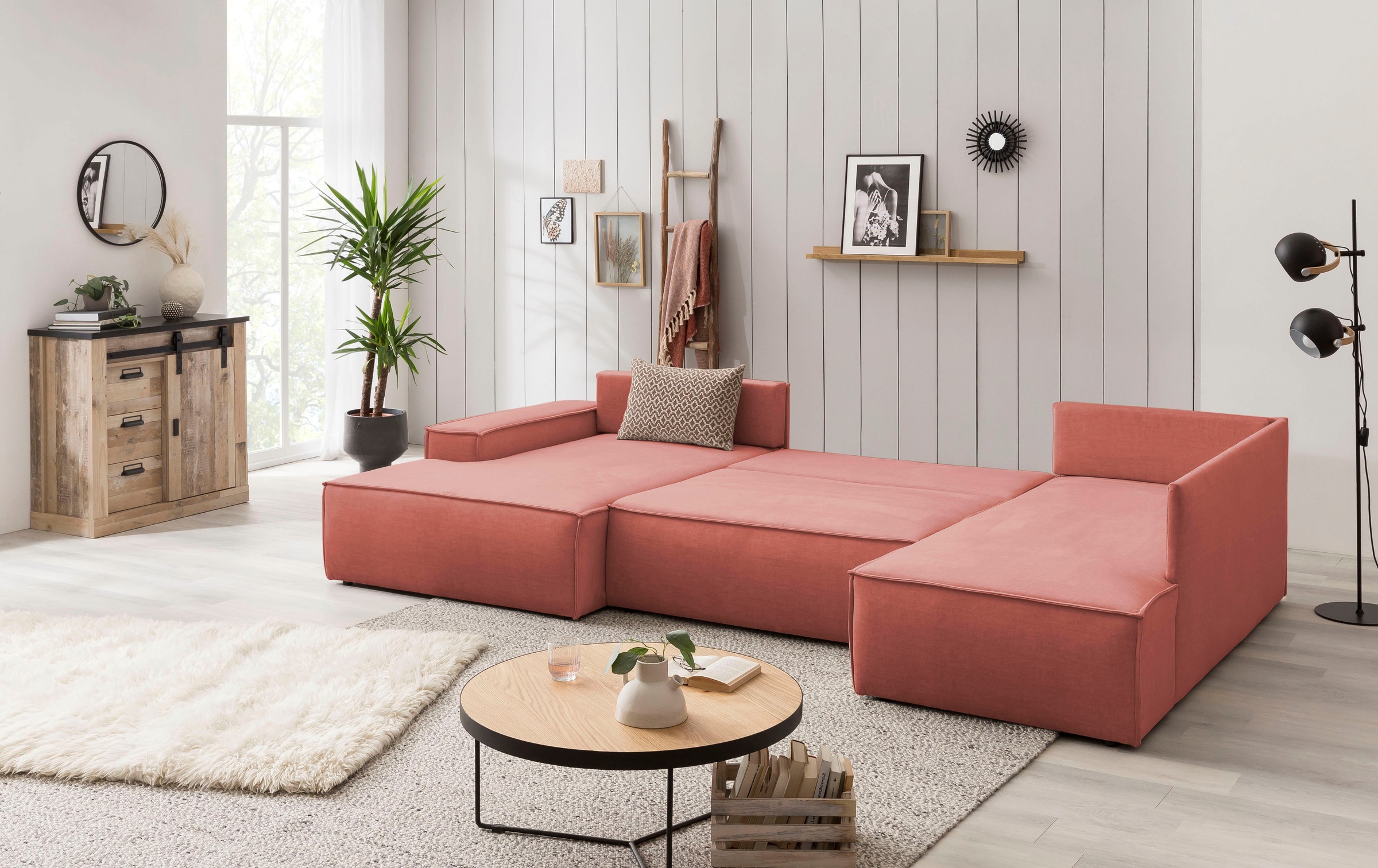 Home affaire Wohnlandschaft »SHERWOOD 329 cm, U-Form, Schlafsofa,«, Schlaffunktion m. Bettkasten (194x139 cm), Cord, Vintage, Samtvelours