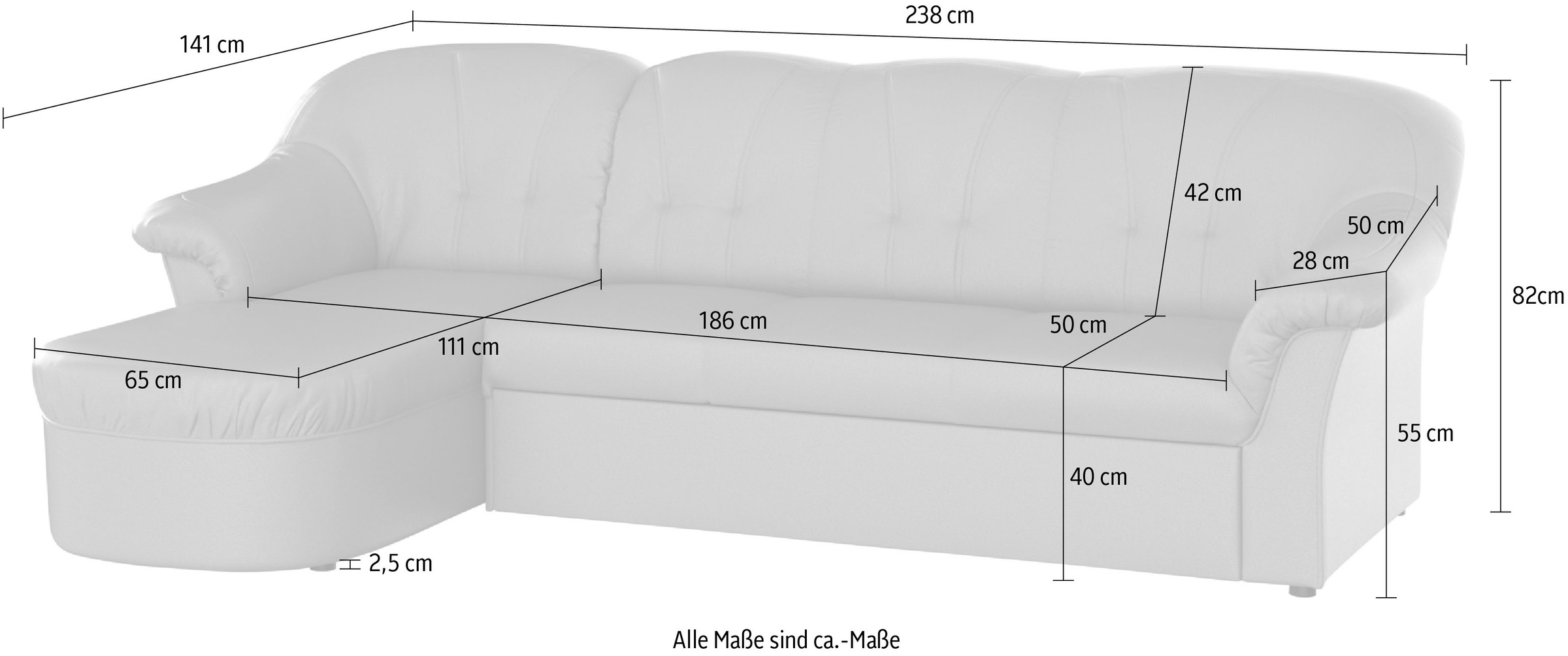 DOMO collection Ecksofa »Pegnitz, elegante Rückensteppung, kompakte Stellmaße 238/141cm, L-Form«, wahlweise mit Bettfunktion