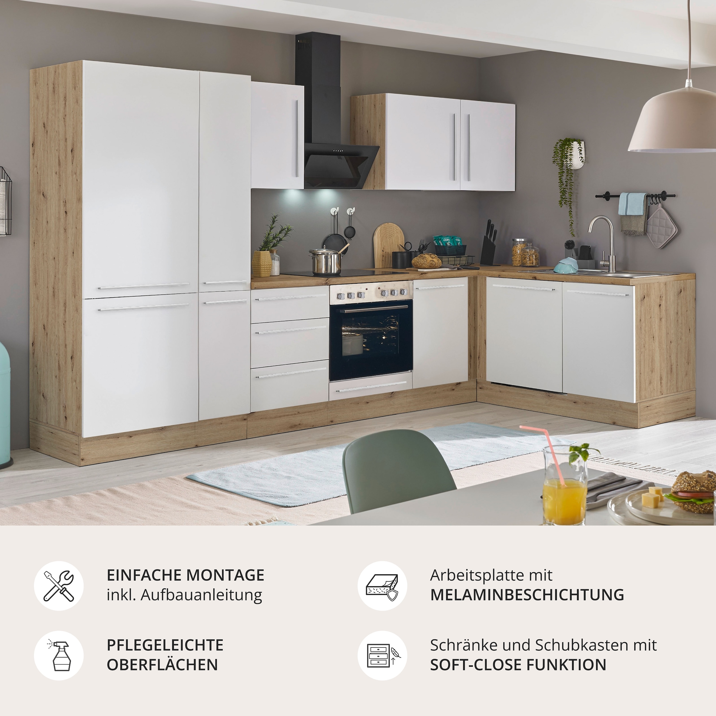 KOCHSTATION Winkelküche »Florida, Stellbreite 310x175 cm« wahlweise mit E-Geräten, mit Softclose für Türen und Schubkästen