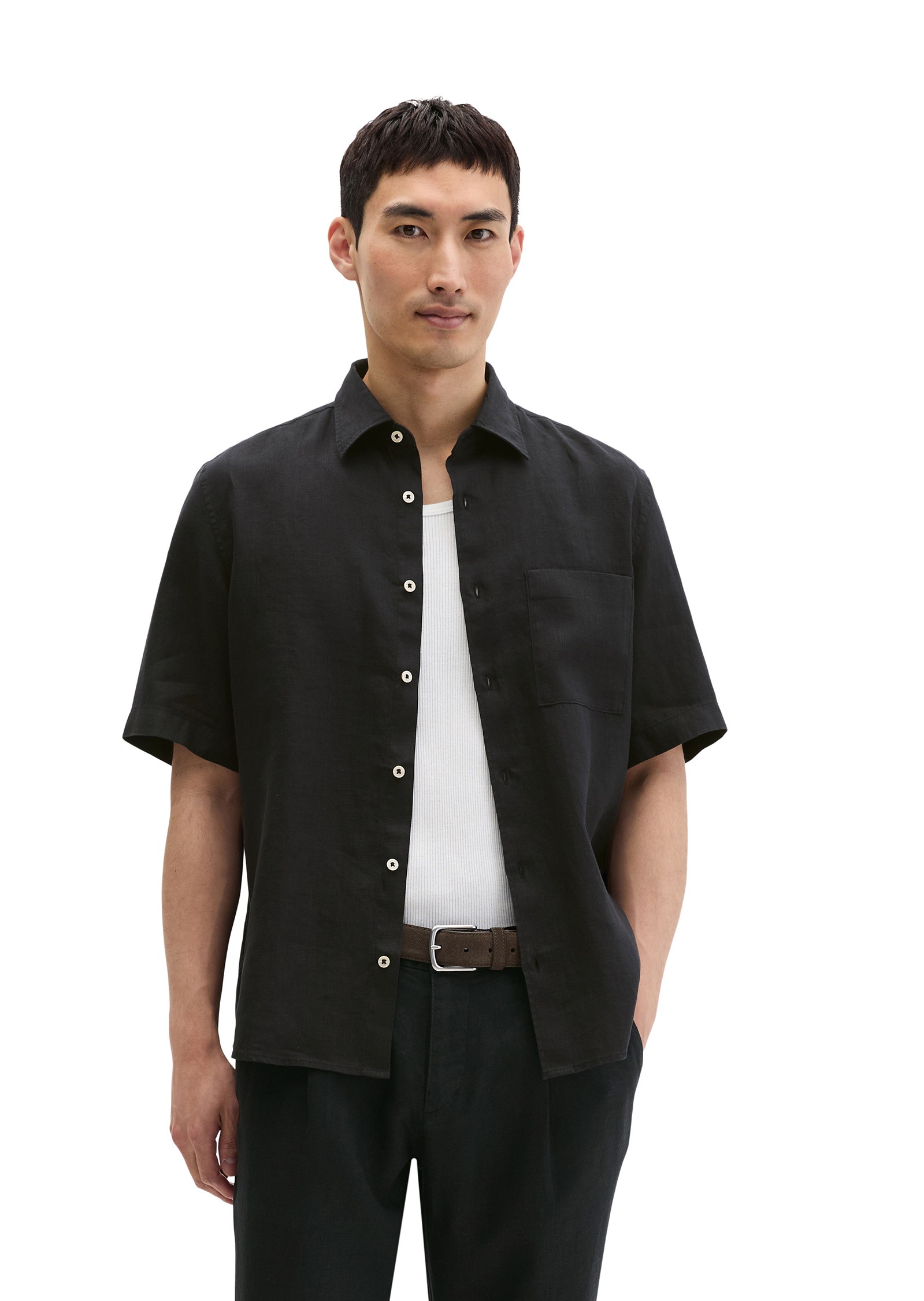 Kurzarmhemd MARC O'POLO "aus reinem Leinen", Herren, Gr. L, Normalgrößen, schwarz, Obermaterial: 100% Leinen, unifarben, regular fit normal, normaler Saum, Hemden
