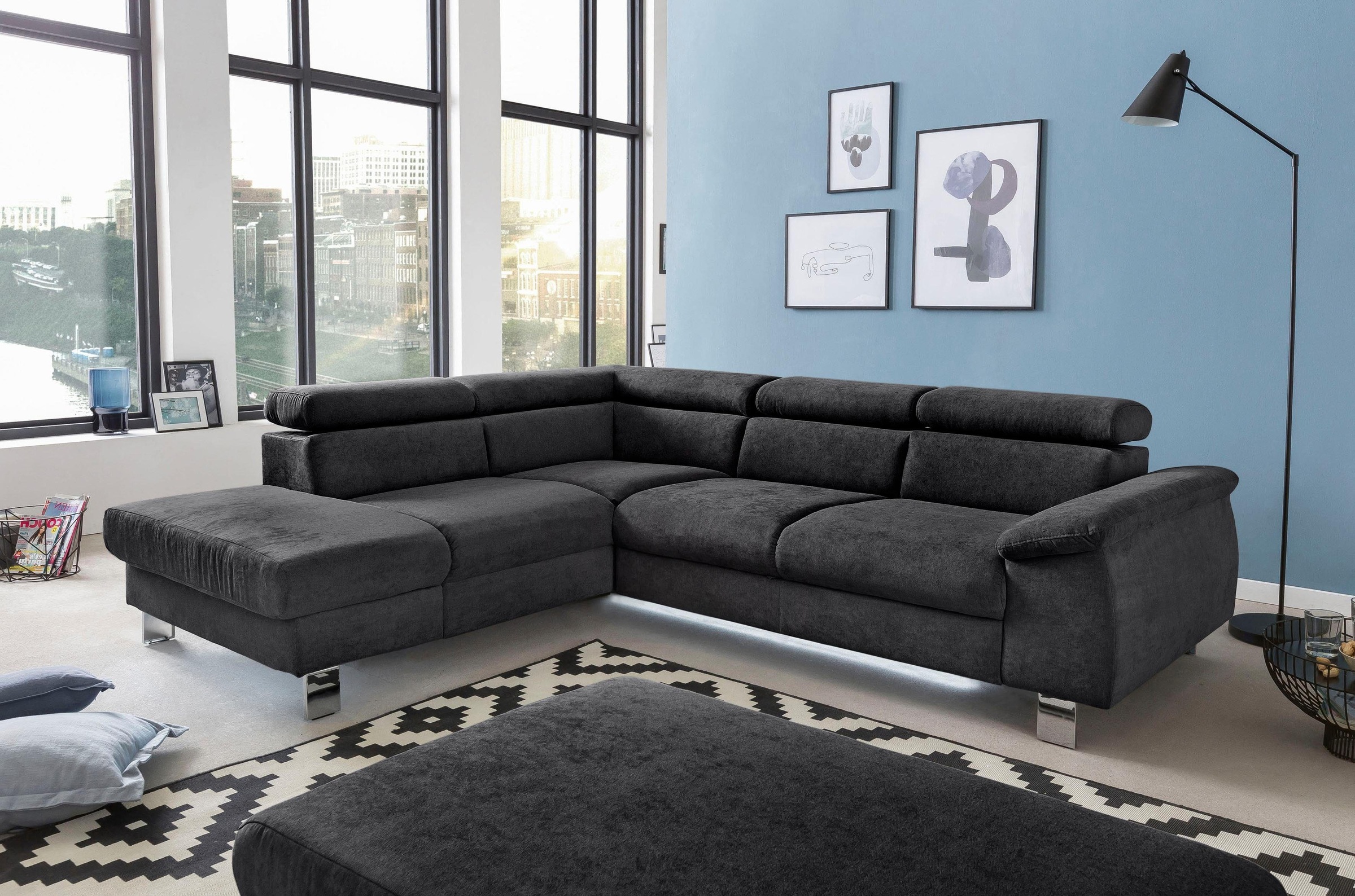 COTTA Ecksofa »Komaris L-Form mit Kopfteilverstellung«, wahlweise mit Bettfunktion, Bettkasten & Beleuchtung