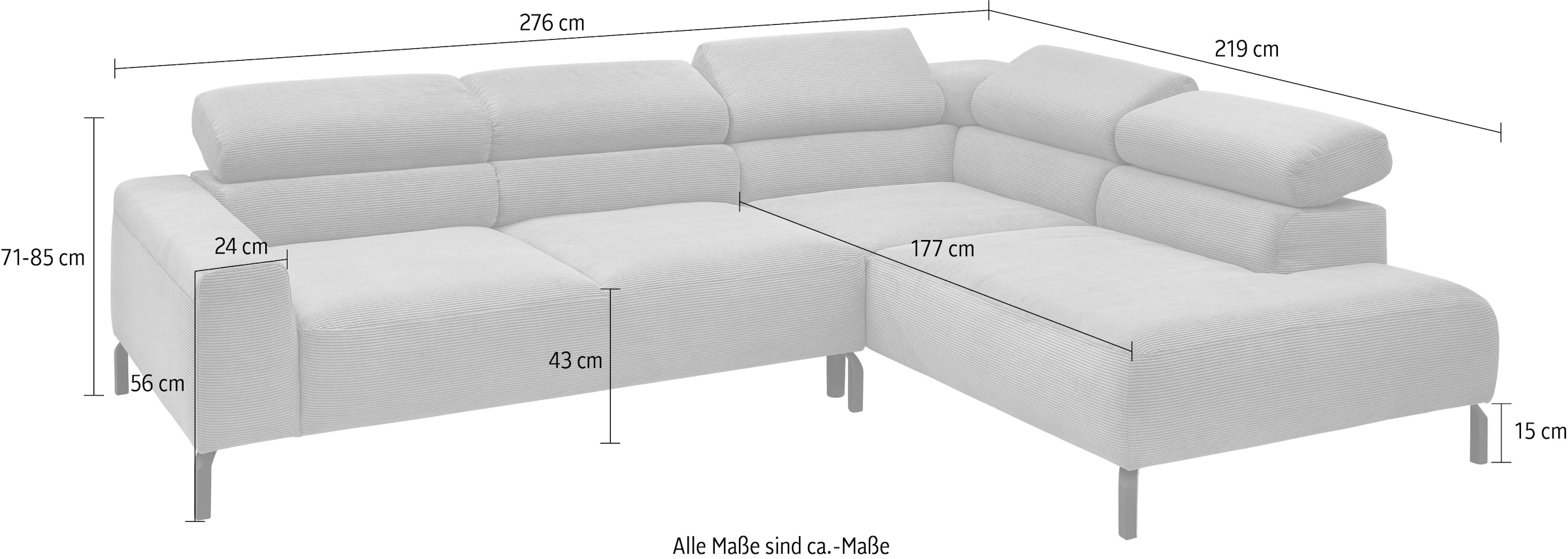 Places of Style Ecksofa »Antonelli, L-Form, inkl. Kopfteilverstellung, Breite 276 cm«, mit elektrischer Sitztiefenverstellung, in Cord, natur