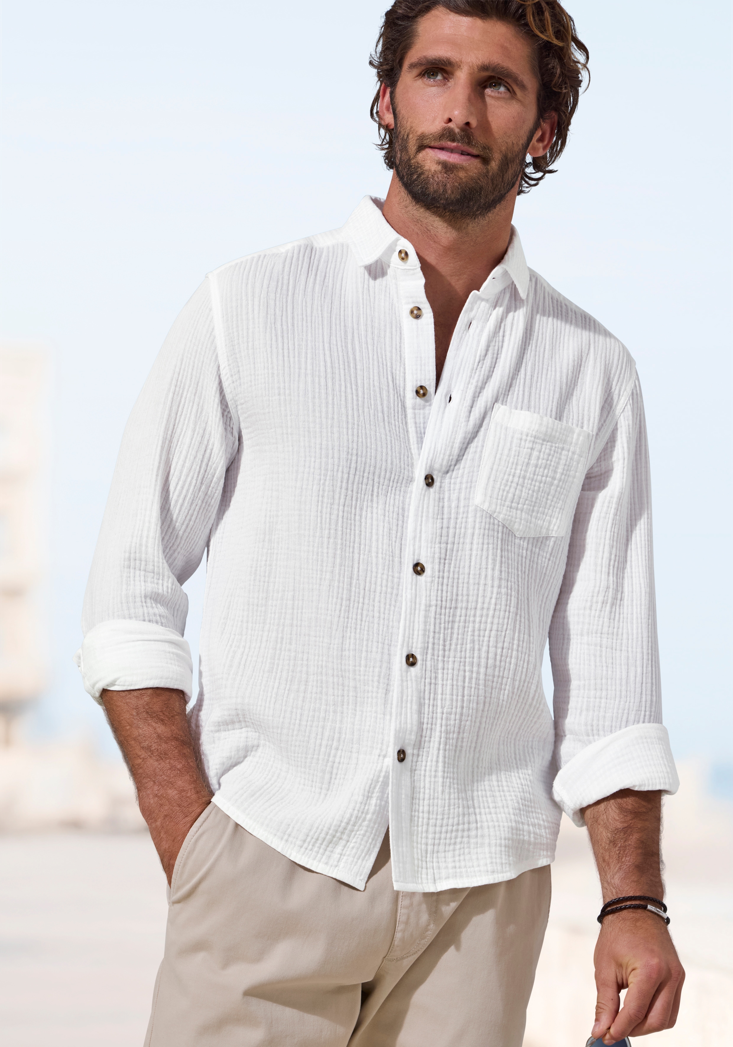 Beachtime Langarmhemd "Regular fit" Langarm, Freizeithemd aus Musselin-Ware