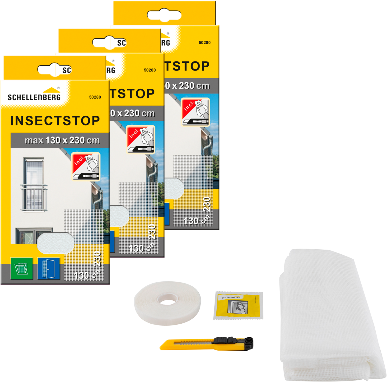 SCHELLENBERG Fliegengitter-Gewebe "für bodentiefe Fenster und Türen" Set, 3 Stk. tlg. Insektenschutz ohne bohren, 130 x 230 cm, weiß und anthrazit