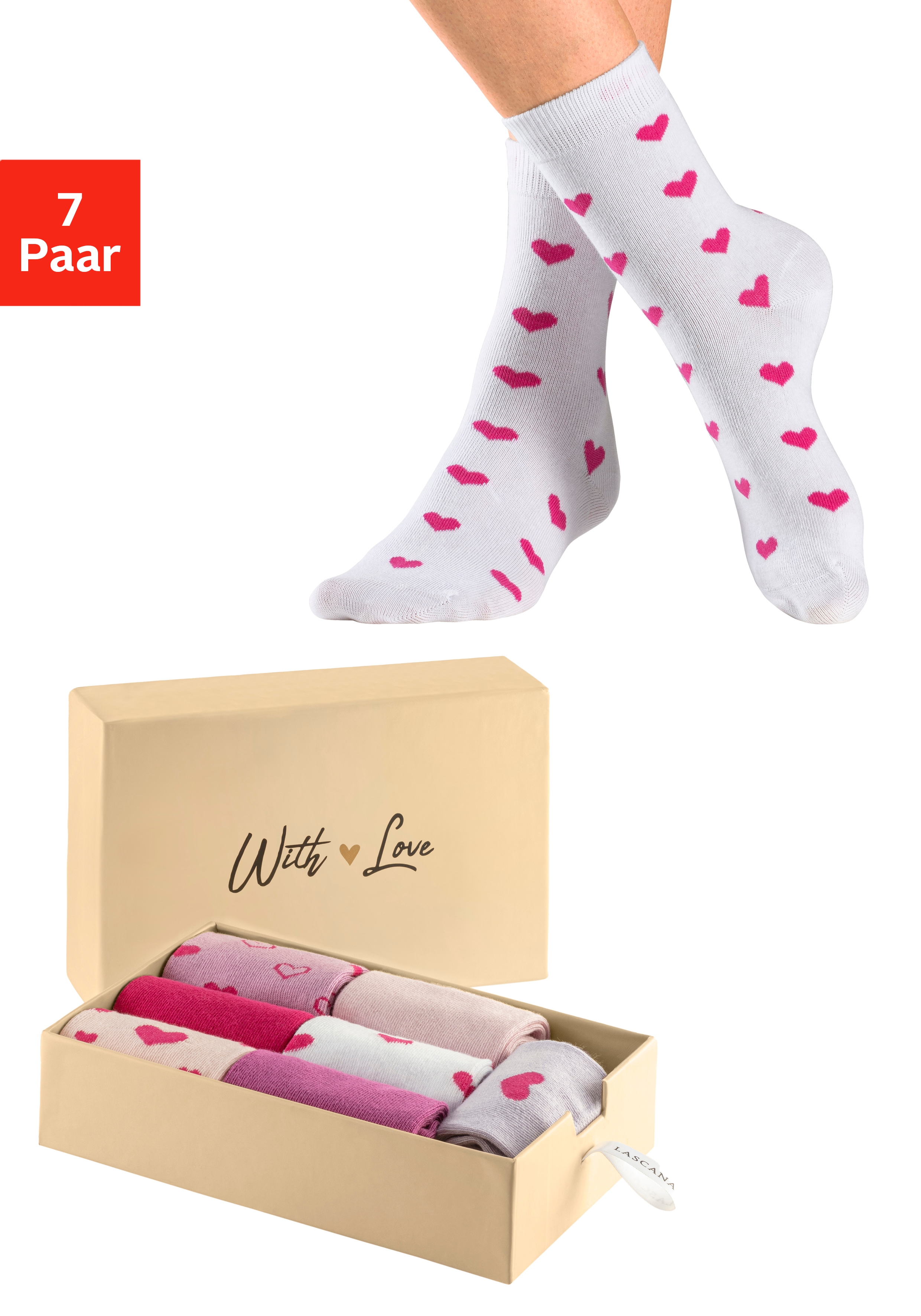 LASCANA Basicsocken "Valentine Damensocken Motivsocken Herzen" Box, 7 Paar tlg. in Geschenkbox für den Valentinstag