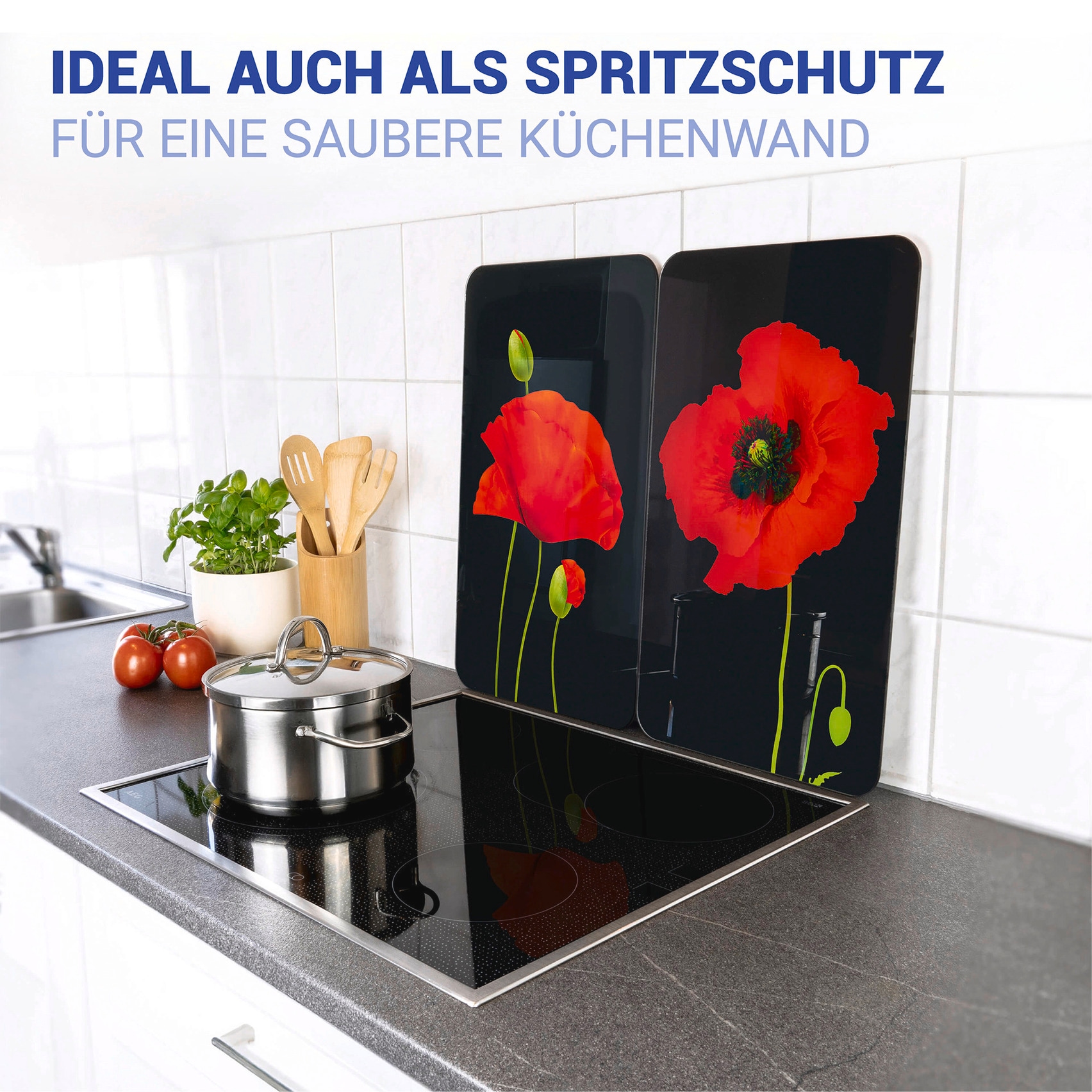 WENKO Herd-Abdeckplatte »Universal Modell Mohn«, (Set, 2 tlg.), Herdabdeckung für alle Herdarten, kratzfest, mit rutschfesten Füßen