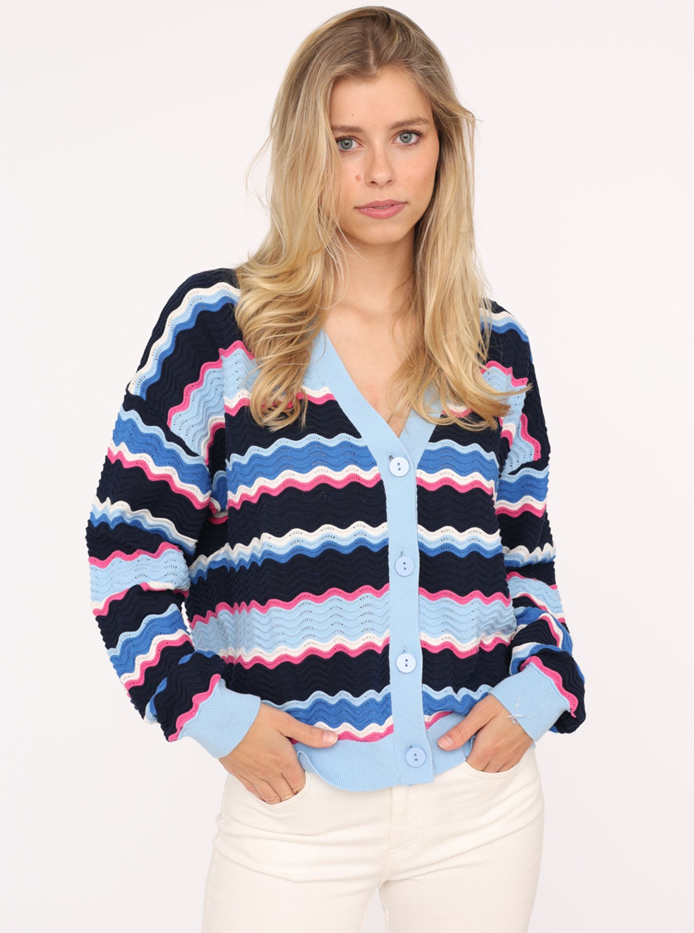 Zwillingsherz Strickjacke ""Streifen Wellen"" Wellen-Muster, Langarm, V-Aus günstig online kaufen