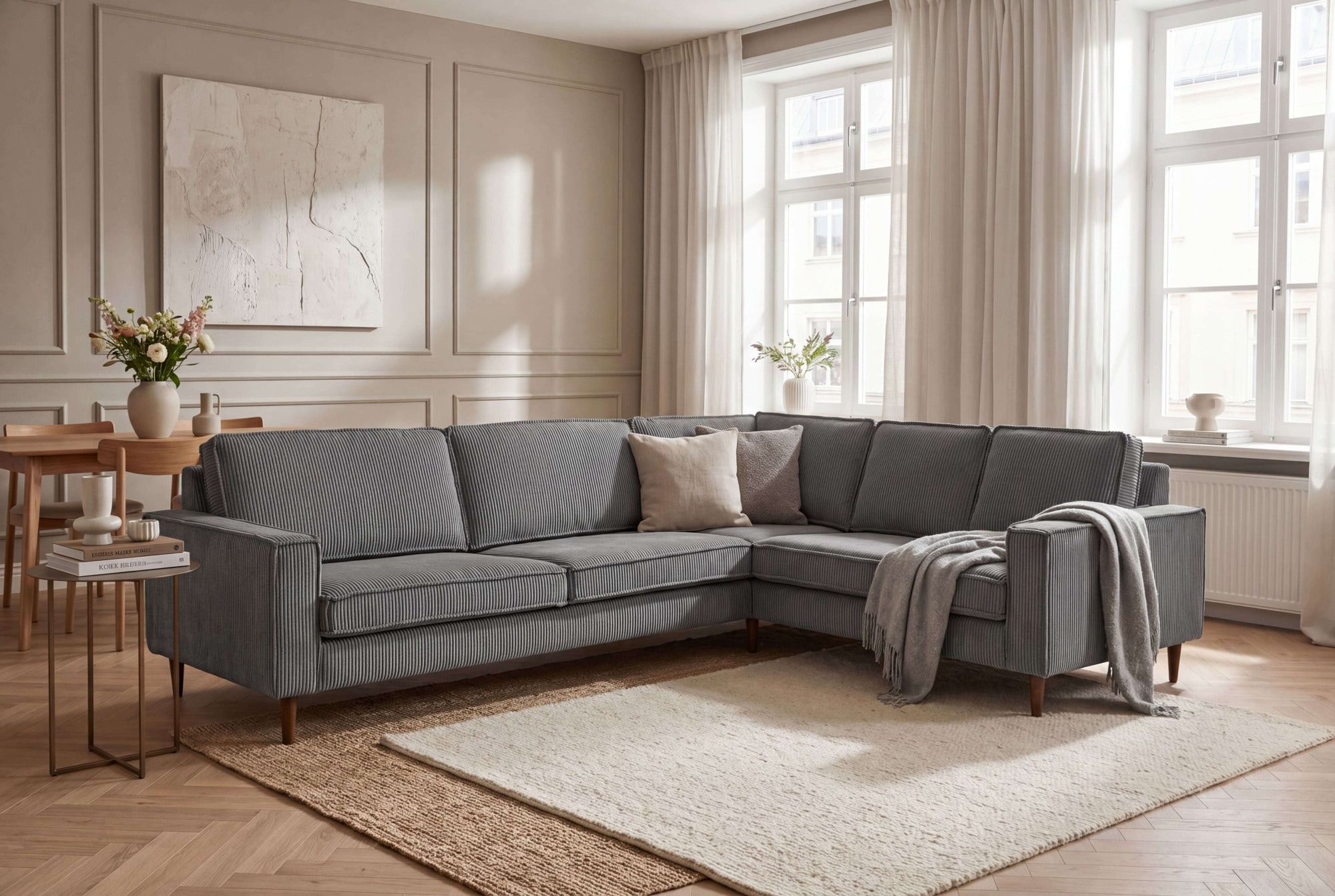 OTTO home Ecksofa "Pinto Skandi, 290 cm, Chenille, Struktur, Ottomane links / rechts" mit Keder, Massivholzfüße Eiche geräuchert, Wellenunterfederung
