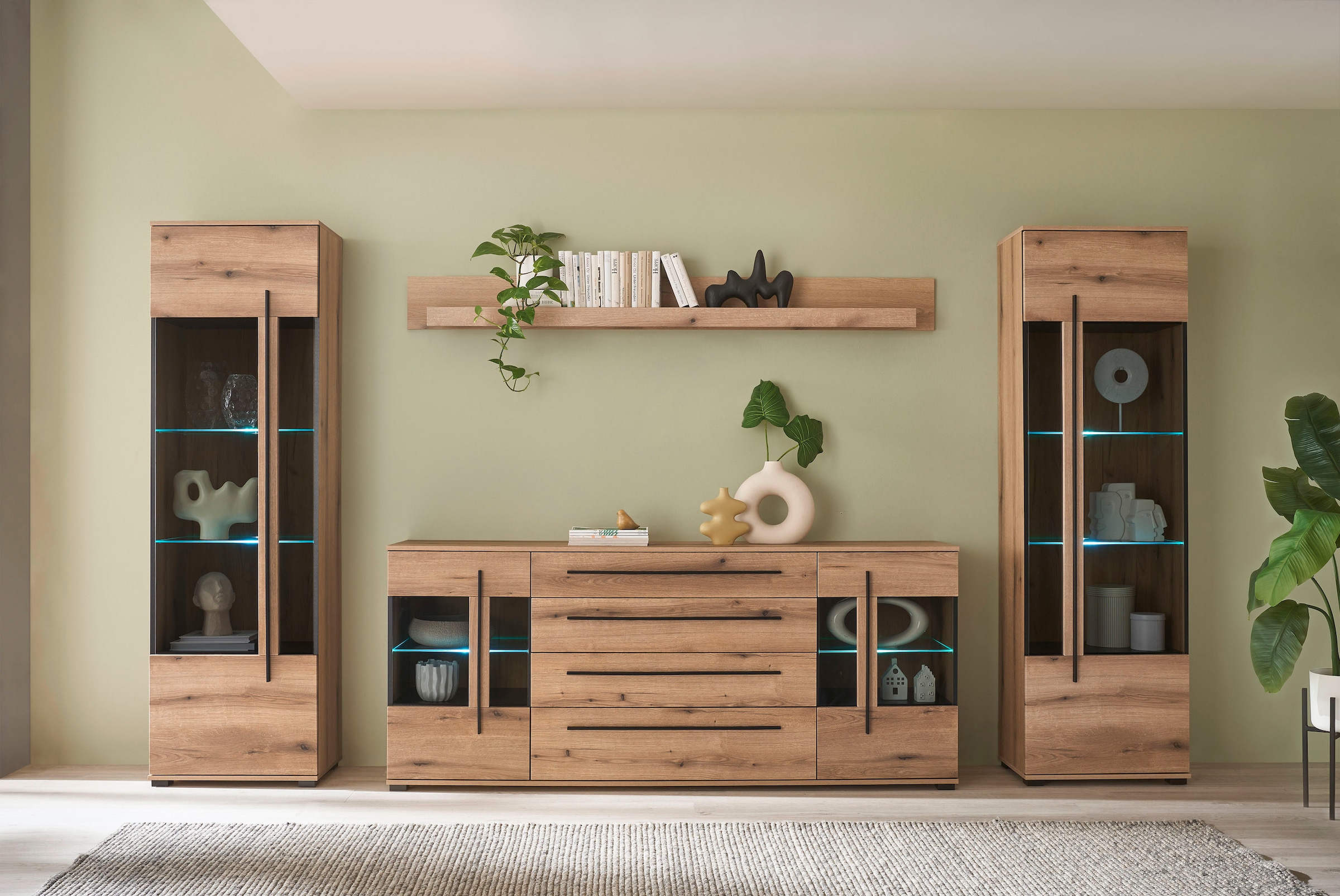 INOSIGN Wohnwand »Cantara, moderne Anbauwand, Wohnzimmer-Set, in Eiche Evoke oder Weiß«, (Set), enthält zwei Vitrinen, ein Sideboard und ein Wandboard
