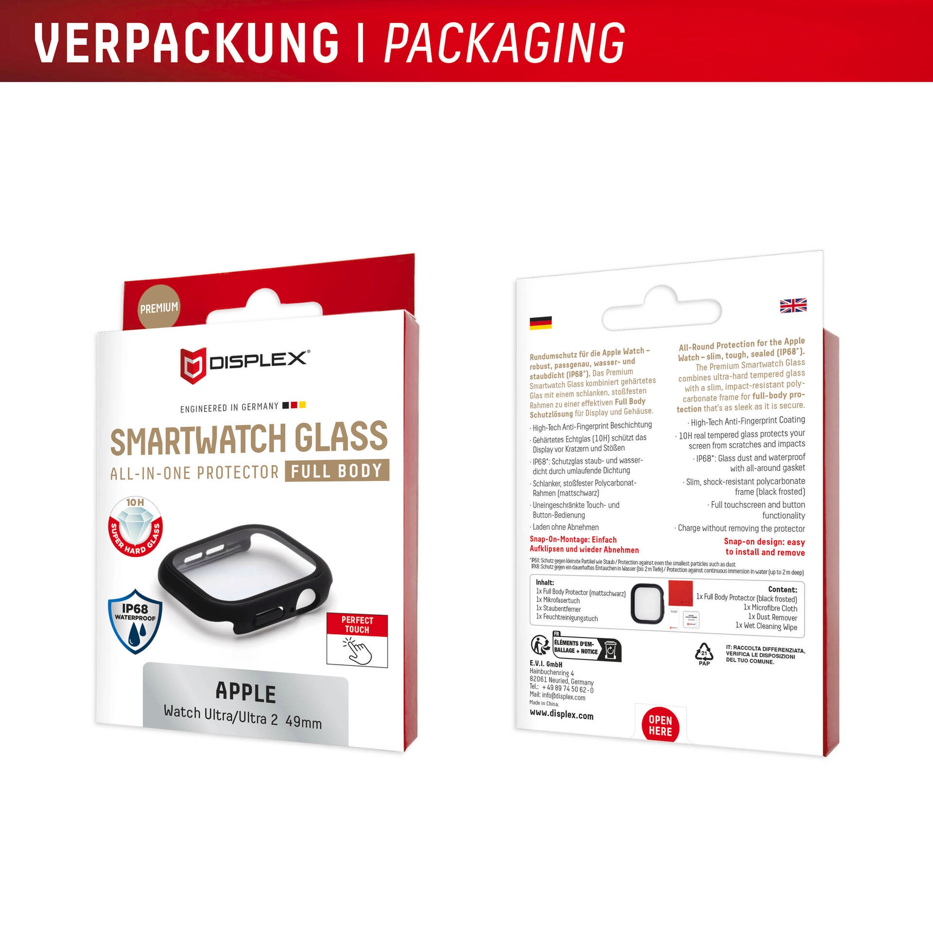 Displex Displayschutzglas »Smartwatch Glass All-In-One Protector Full Body« für Apple Watch Ultra 49 mm;Apple Watch Ultra 2 49 mm;Apple Watch Ultra 3 49 mm Displayschutzfolie, Schutzfolie, Bildschirmschutz, kratz- & stoßfest
