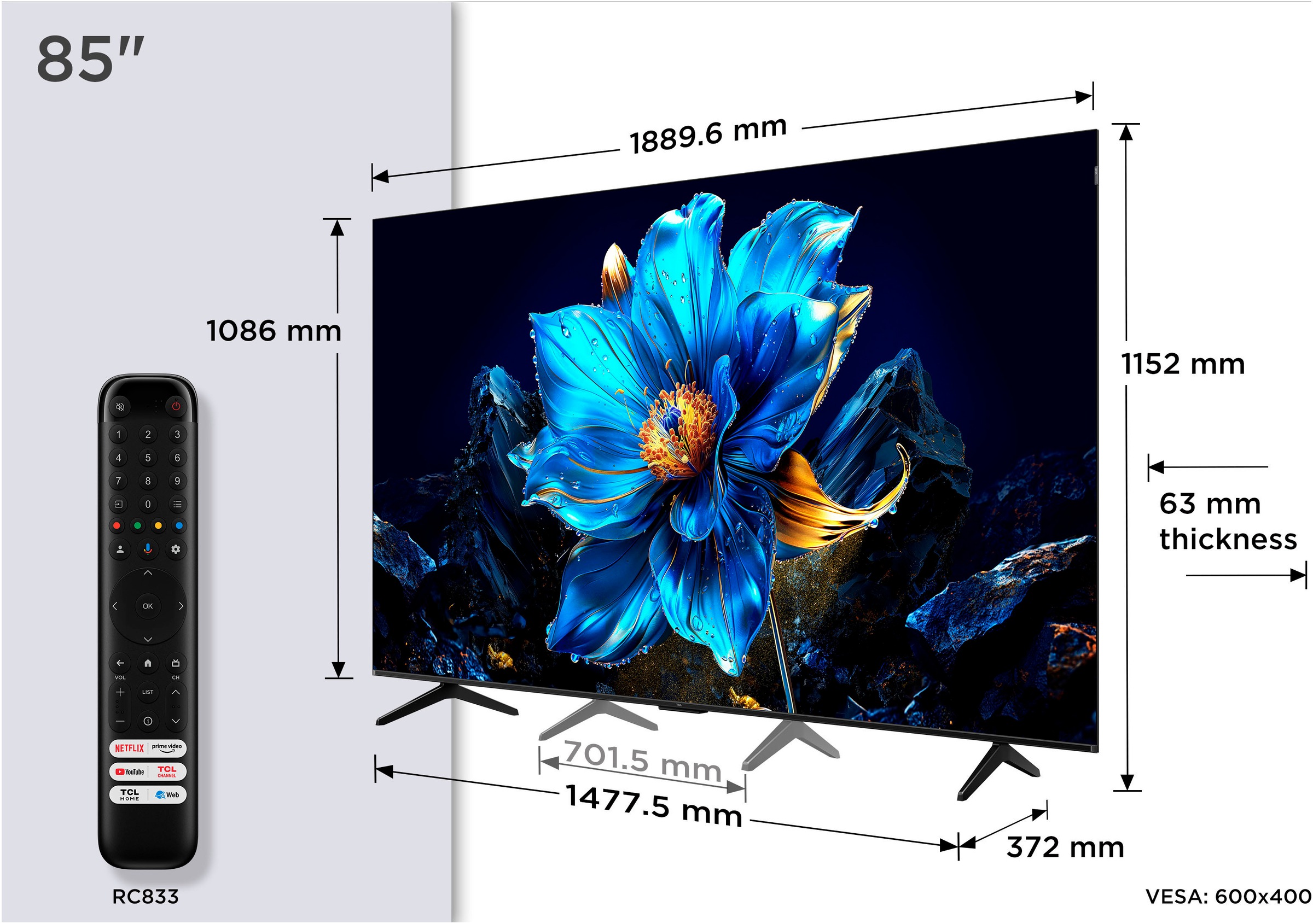 TCL QLED-Fernseher »85P71KX1«, 4K Ultra HD, Google TV-Smart-TV, Multi-HDR, Dolby Vision, Smart TV, Apple TV, Dolby Atmos, Slim Design