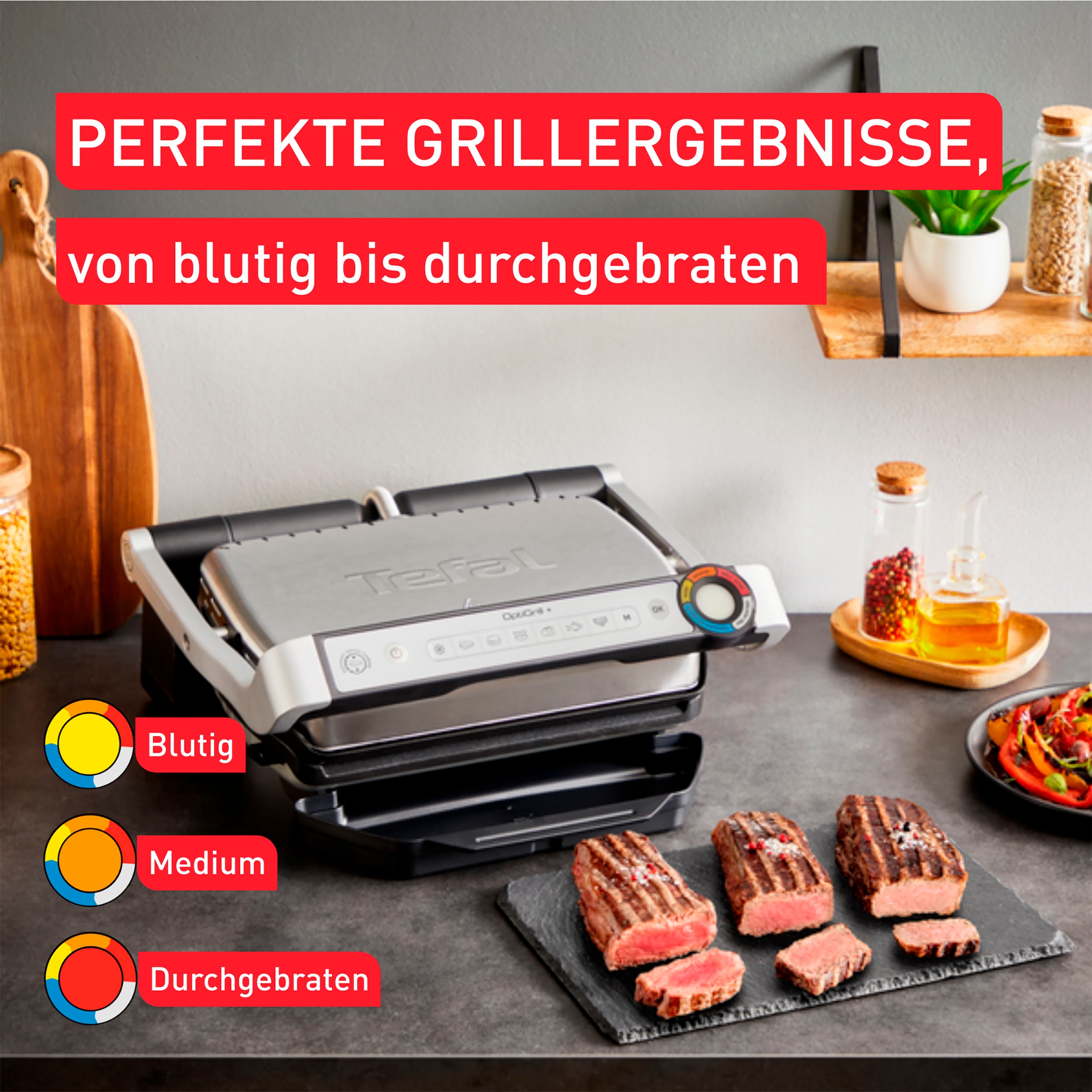 Tefal Kontaktgrill »GC717D OptiGrill+«, 2000 W, erneuerte Kochstufenanzeige, 6 Automatikprogramme, inkl. Rezeptbuch