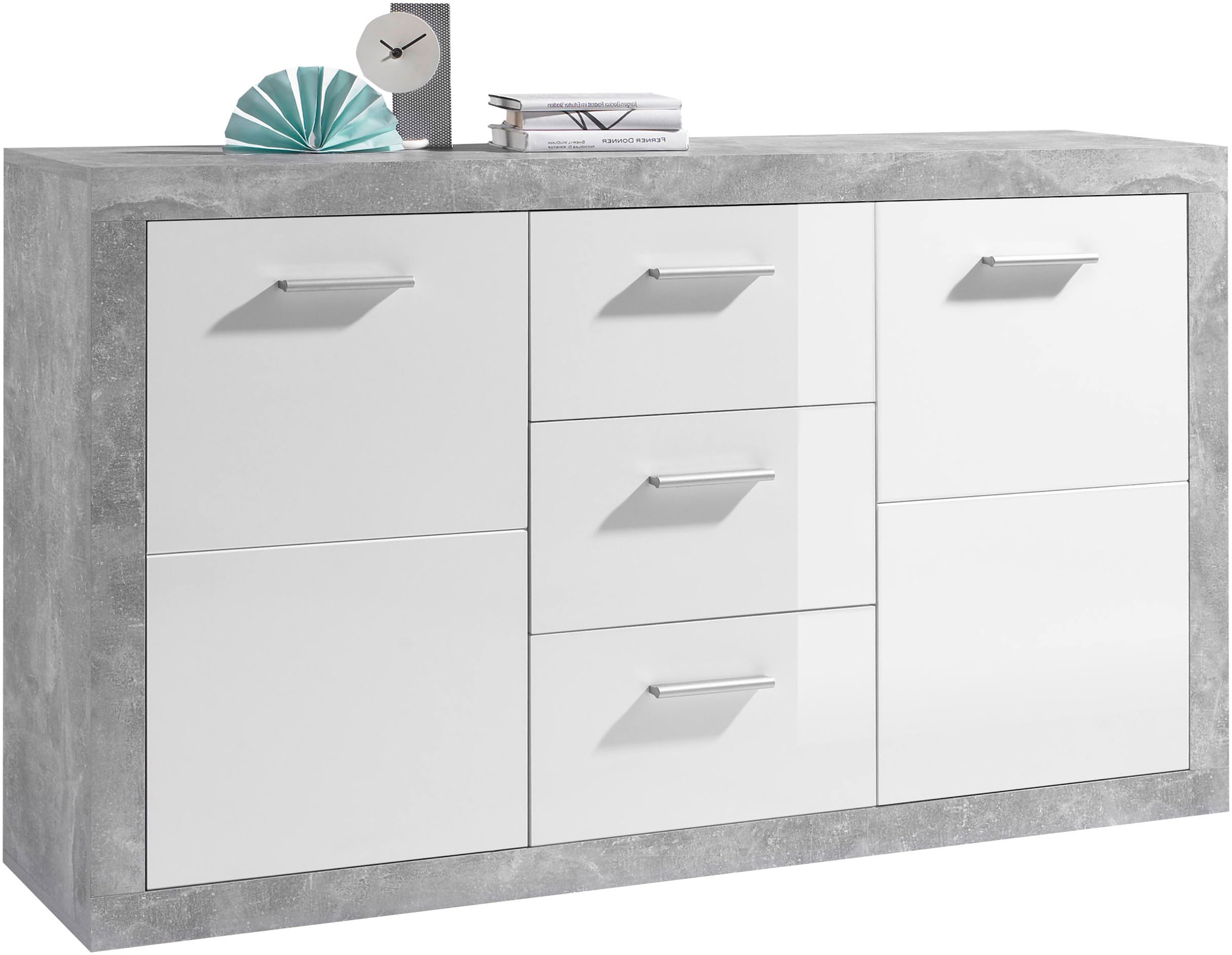 HBZ Sideboard "Stone weiß Hochglanz, Wohnzimmerschrank BxHxT 147x89x37 cm" günstig online kaufen
