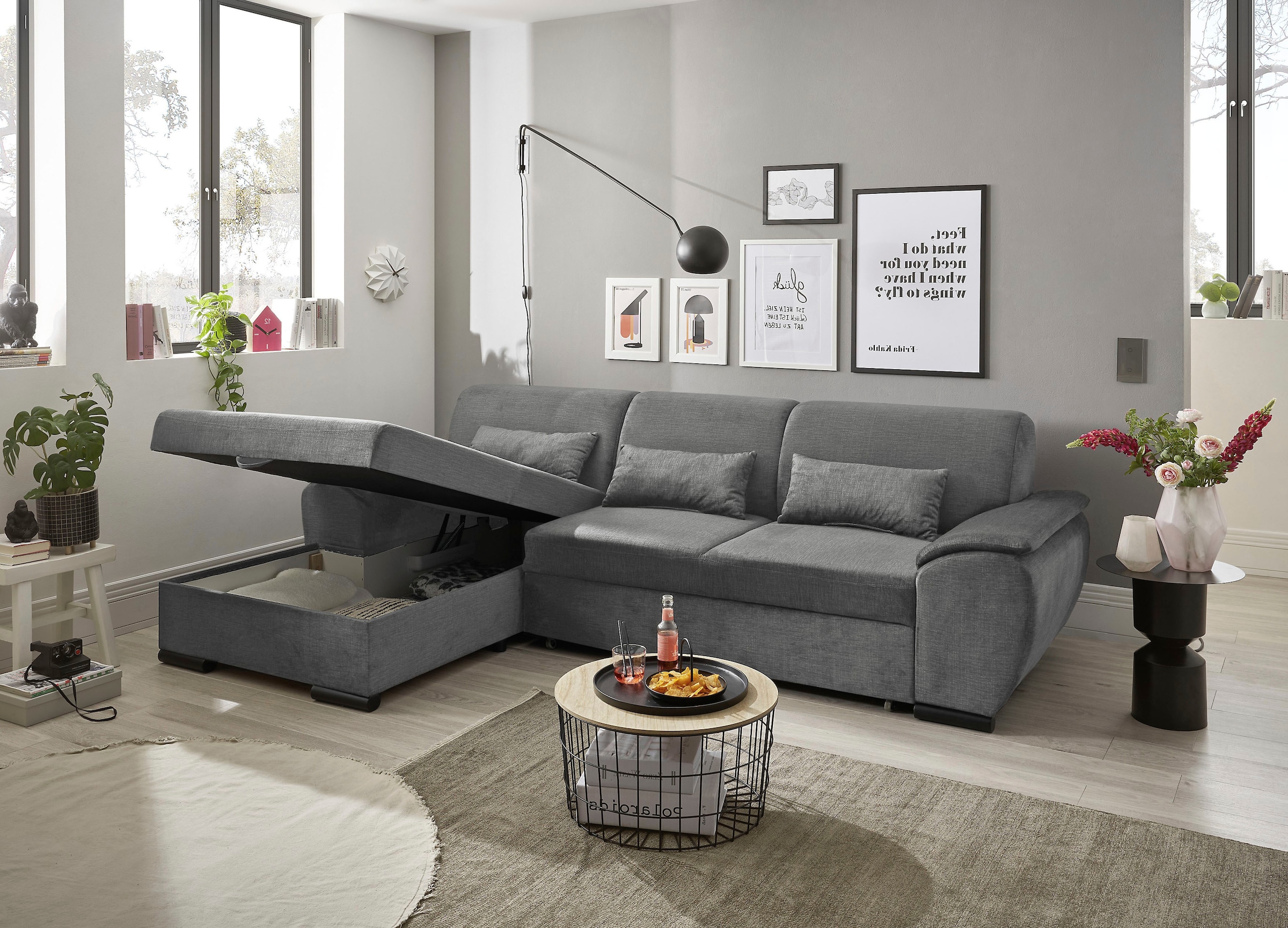 ED EXCITING DESIGN Ecksofa »Tampa L-Form«, frei im Raum stellbar, mit Bettkasten, Schlaffunktion, 3 Nierenkissen