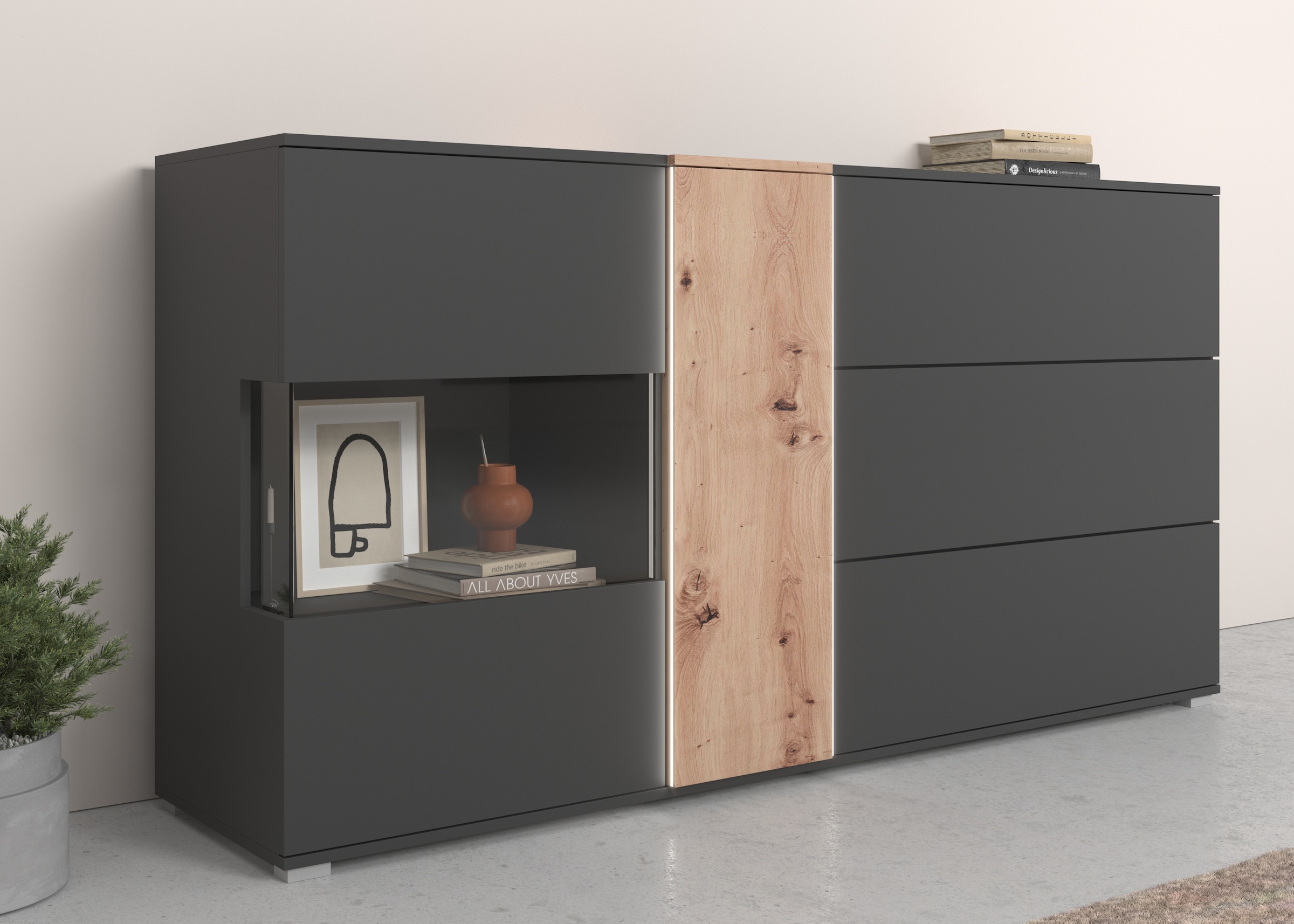 COTTA Sideboard "Montana", Kommode, Breite 185 cm, inkl. LED-Beleuchtung, mit Push-To-Open