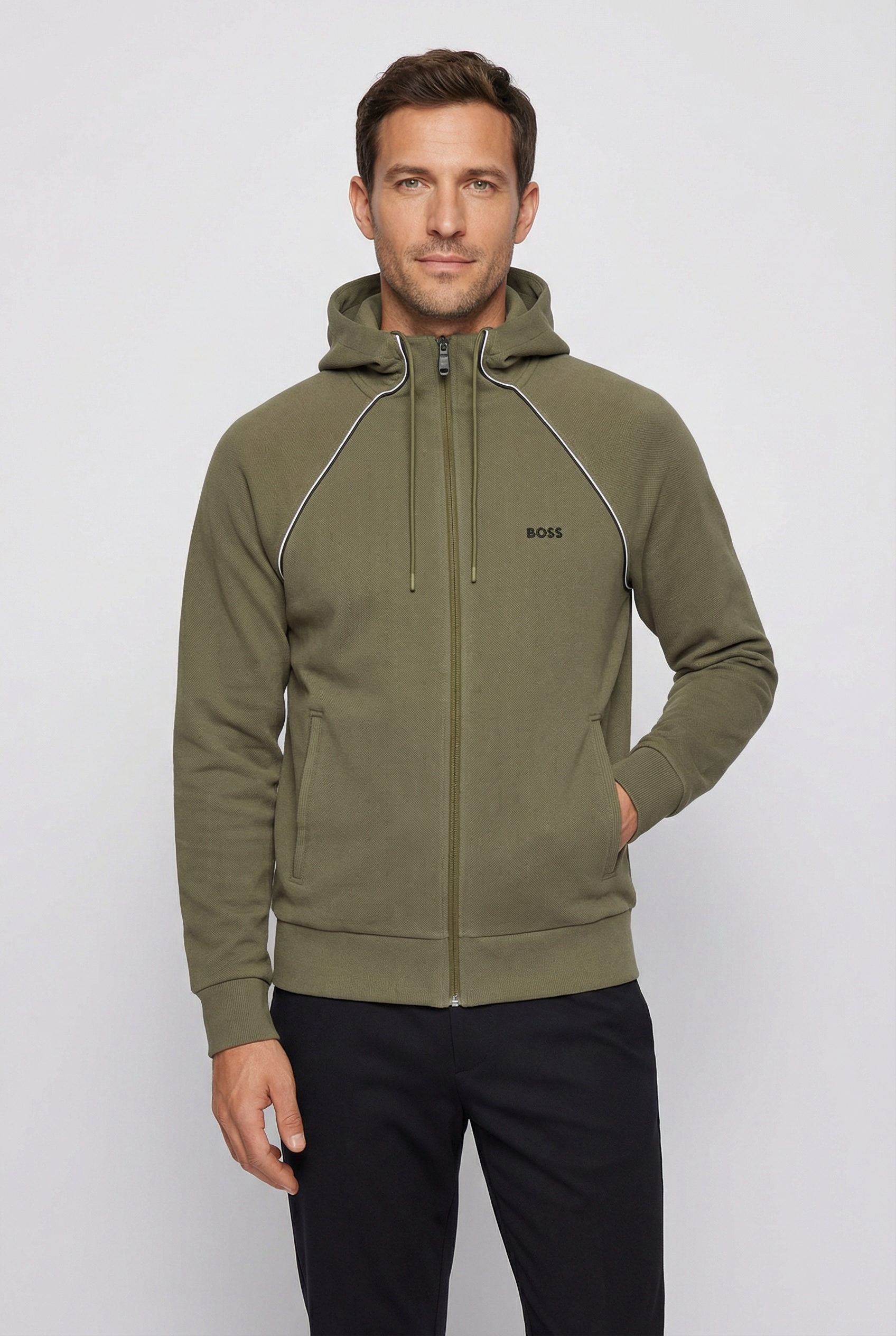 Sweatjacke BOSS GREEN, Herren, Gr. L, schwarz beige257, Piqué, Obermaterial: 53% Baumwolle, 44% Polyester, 3% Elasthan, unifarben, regular fit normal, hoch geschlossener Ausschnitt, Bündchen, Sweatjacken Sweatjacke, mit Kapuze, Regular Fit, Eingrifftasche