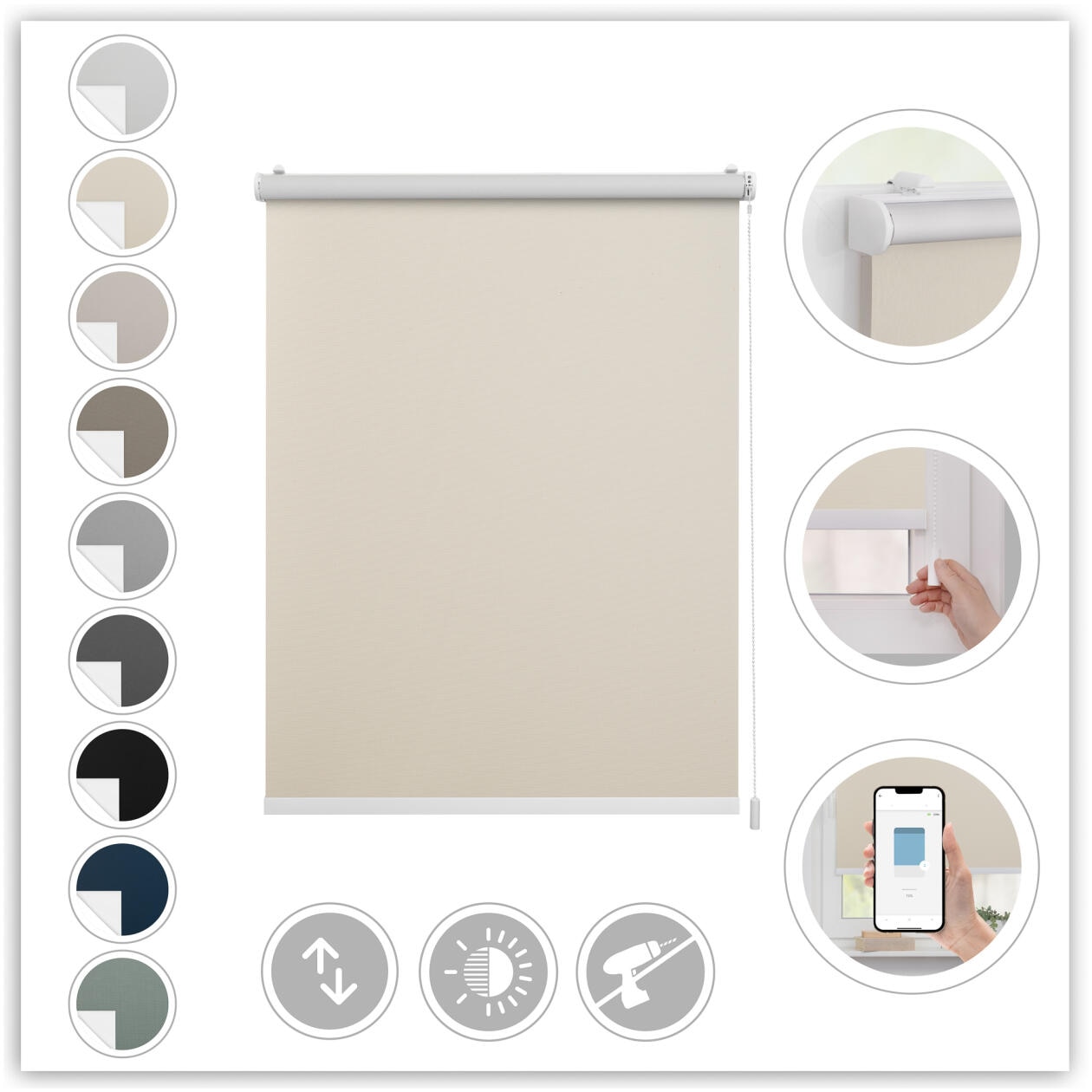 LICHTBLICK ORIGINAL Rollo »Klemmfix, ohne Bohren«, verdunkelnd, Blendschutz-Sichtschutz-Verdunkelung, mit Bohren/ohne Bohren, freihängend, Steuerbar mit Bluetooth-App, integrierter Elektromotor und Akku