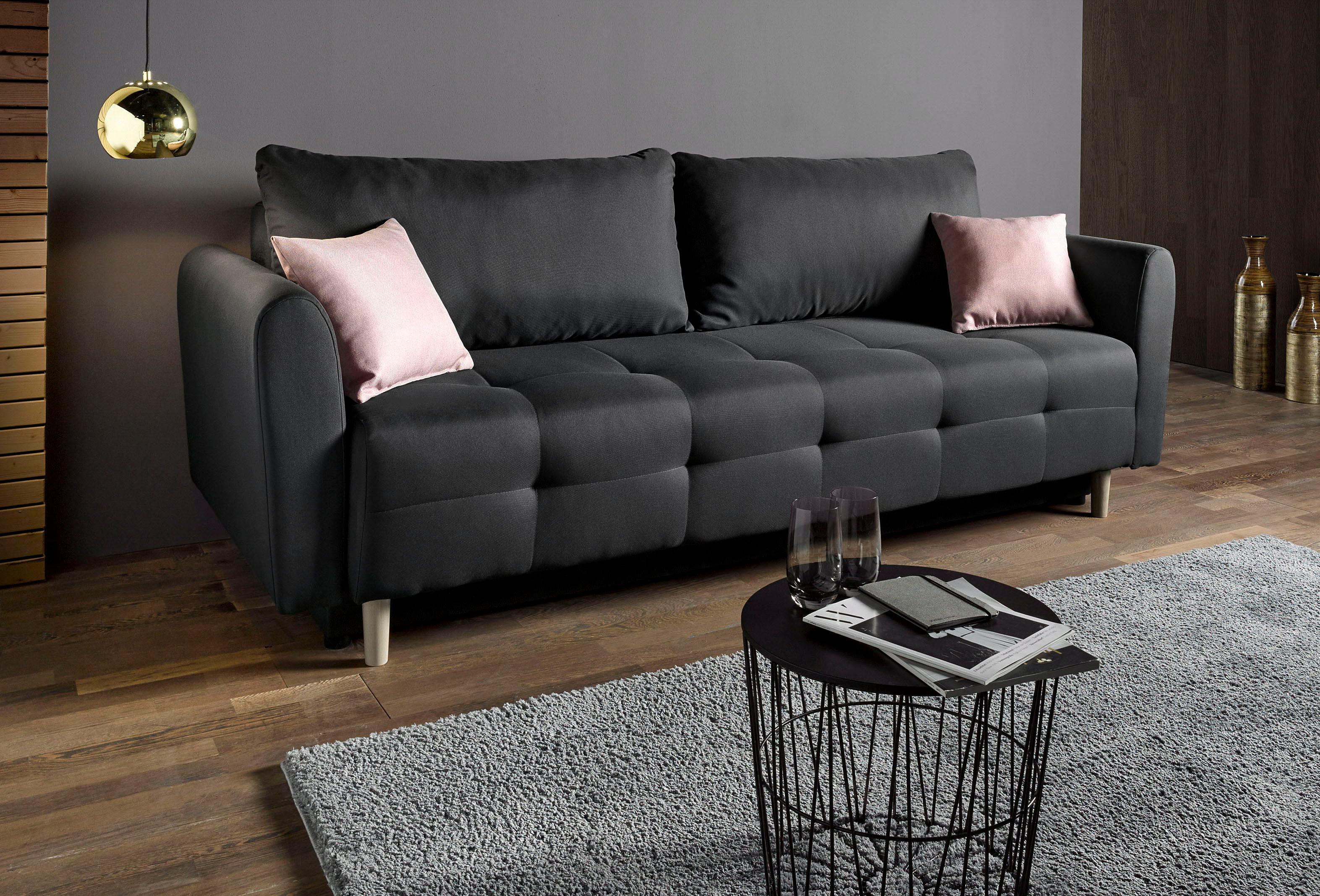 Home affaire Schlafsofa "Nordic, B: 219 cm, Liegel. 137x195 cm" Schlaffunktion, Bettkasten & 2 Zierkissen, Federkern