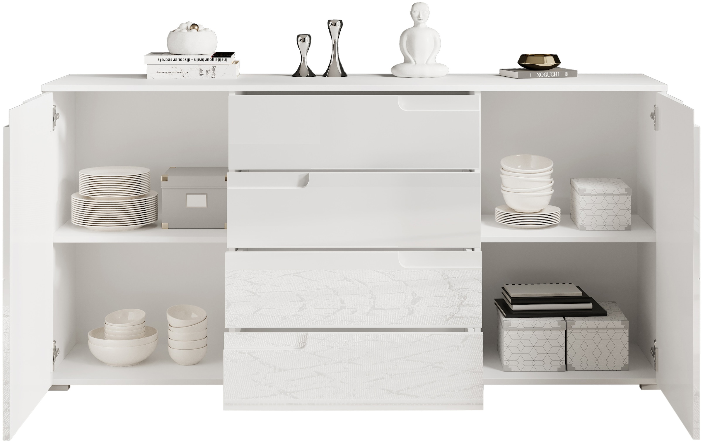 HBZ Sideboard »Spice weiß Hochglanz, Wohnzimmerschrank BxHxT 165x80x40 cm«, (1 St.), Mit 2 Türen, 4 Schubkästen, 2 Einlegeböden verstellbar