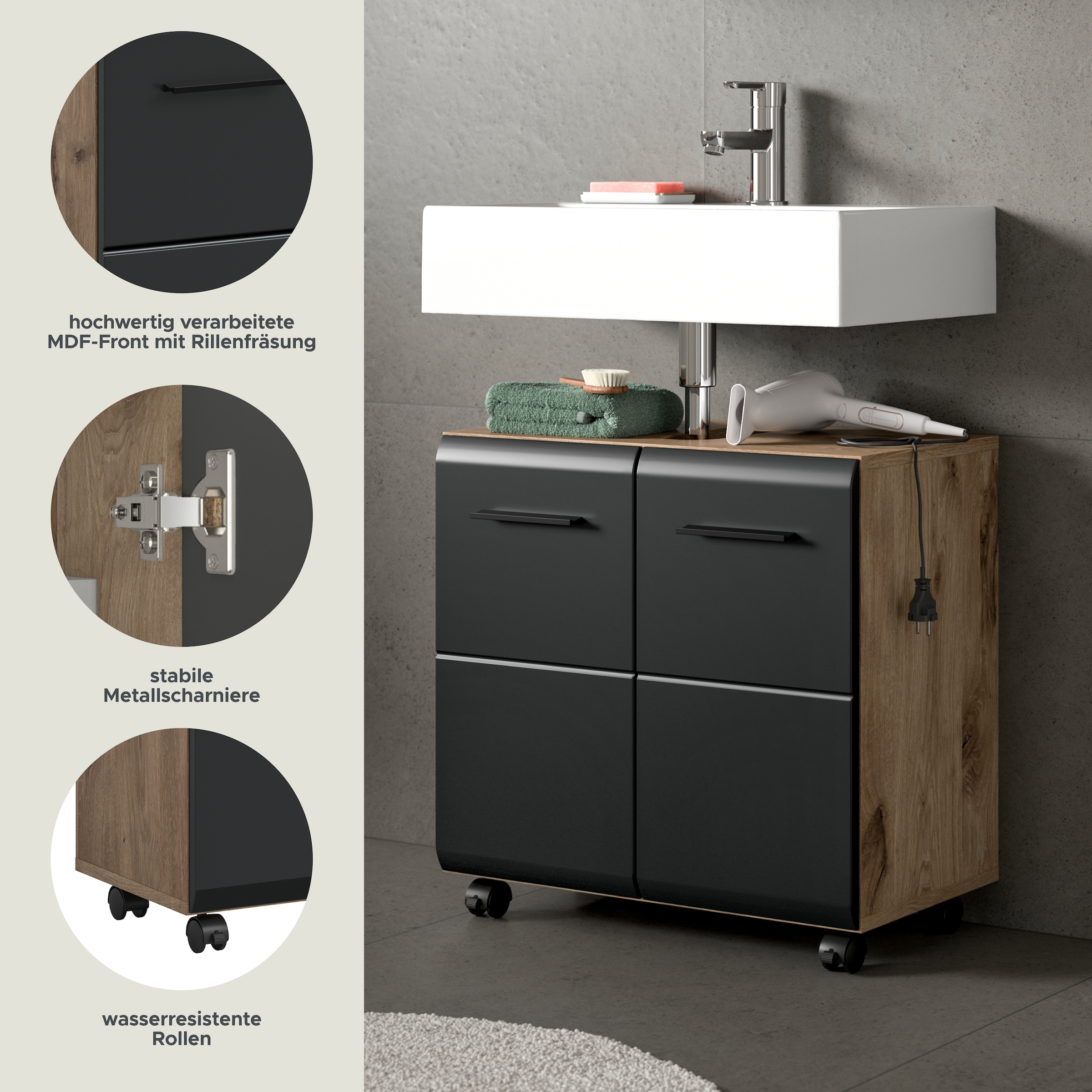 welltime Waschbeckenunterschrank »FLORENZ,  Breite 60cm, inkl. Siphonausschnitt, mit Türen oder Schüben« TOPSELLER!,  hochwertige MDF Front, Griff schwarz, Badschrank, Bad