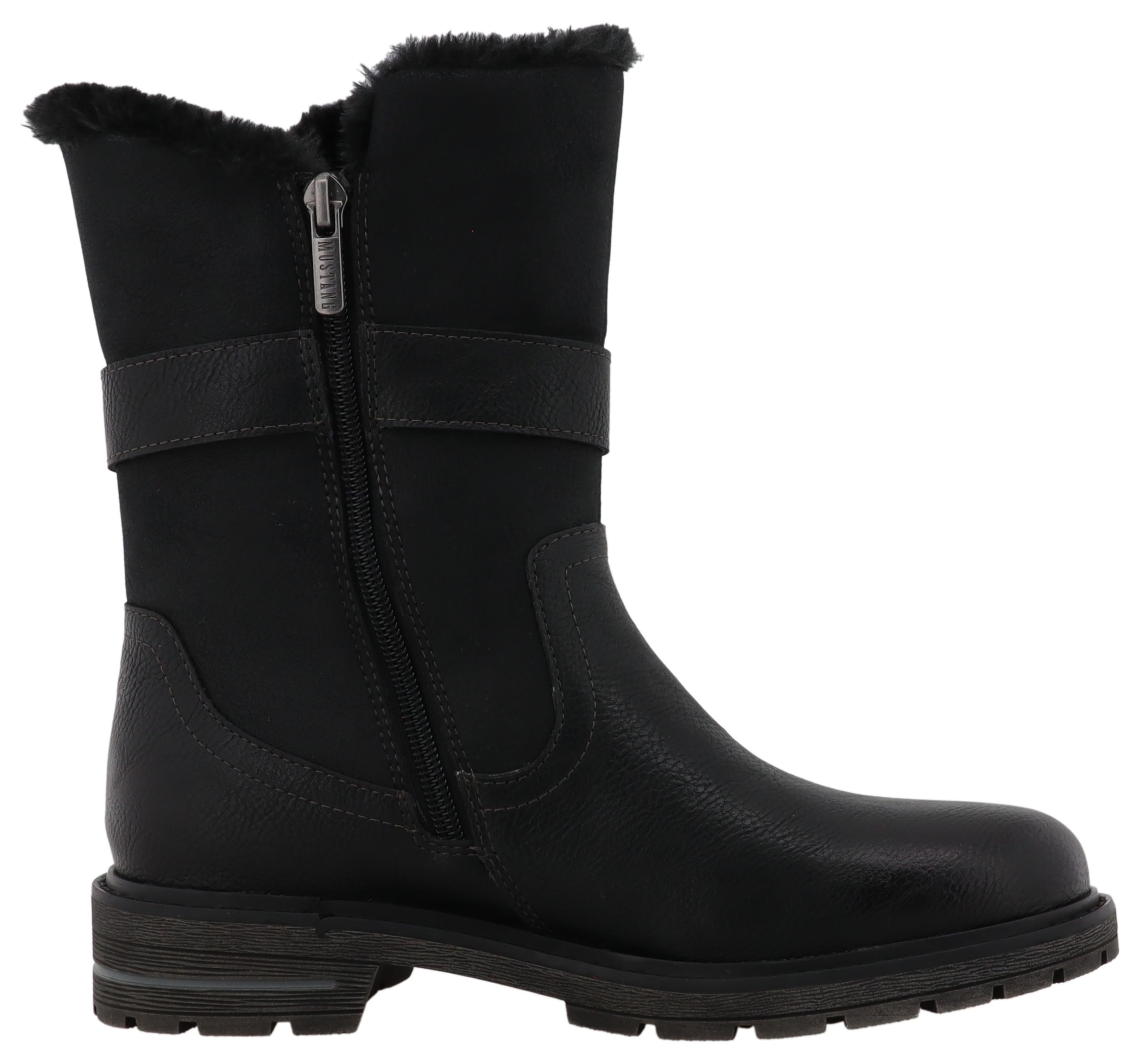 Mustang Shoes Winterstiefel »Bienke«, Biker Boots mit Blockabsatz und Zierriemchen