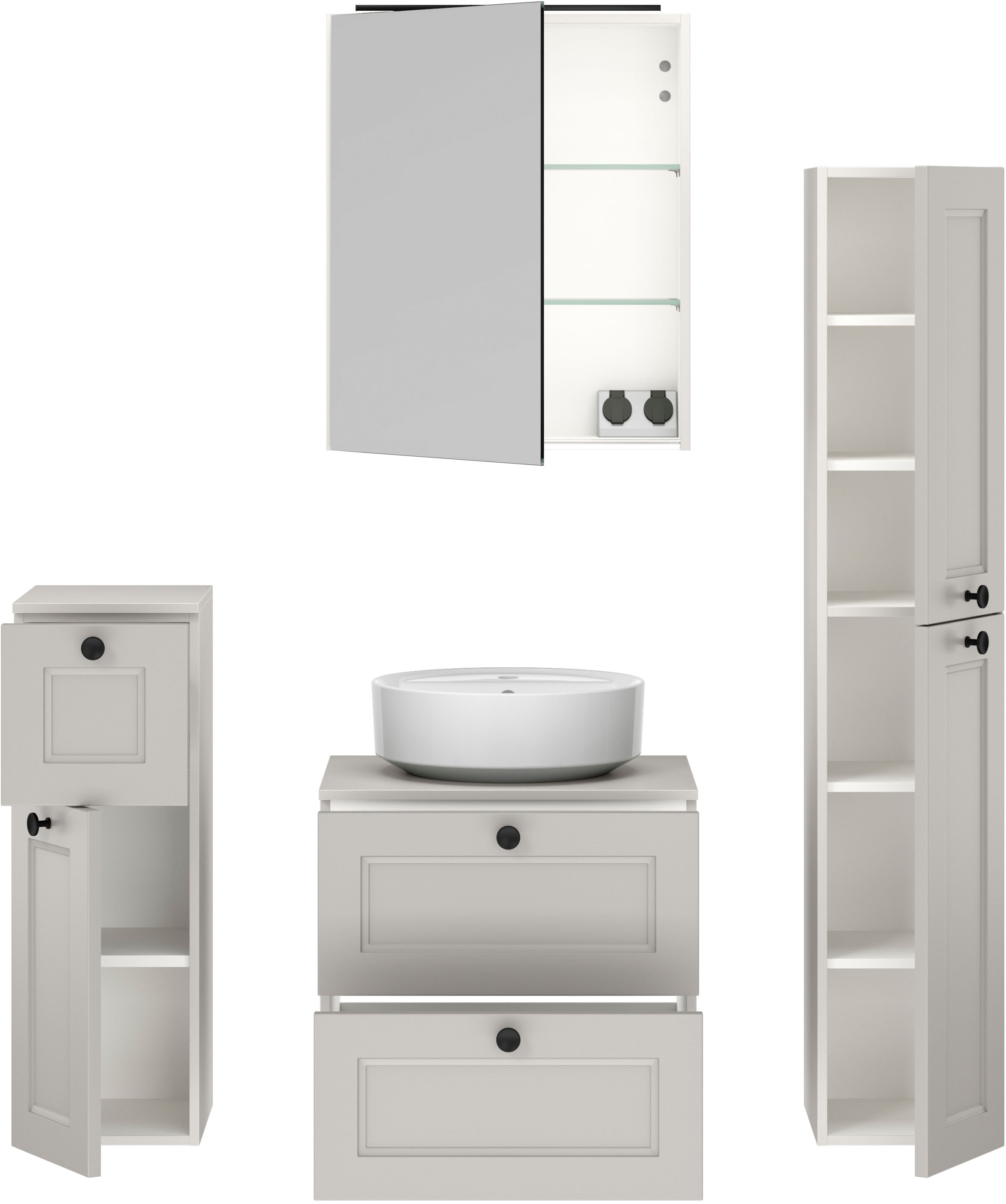 nobilia® Badmöbel-Set »Cascada« Set, inkl.  Aufsatzwaschbecken und Spiegelschrank mit Beleuchtung, 4 Stk. tlg.