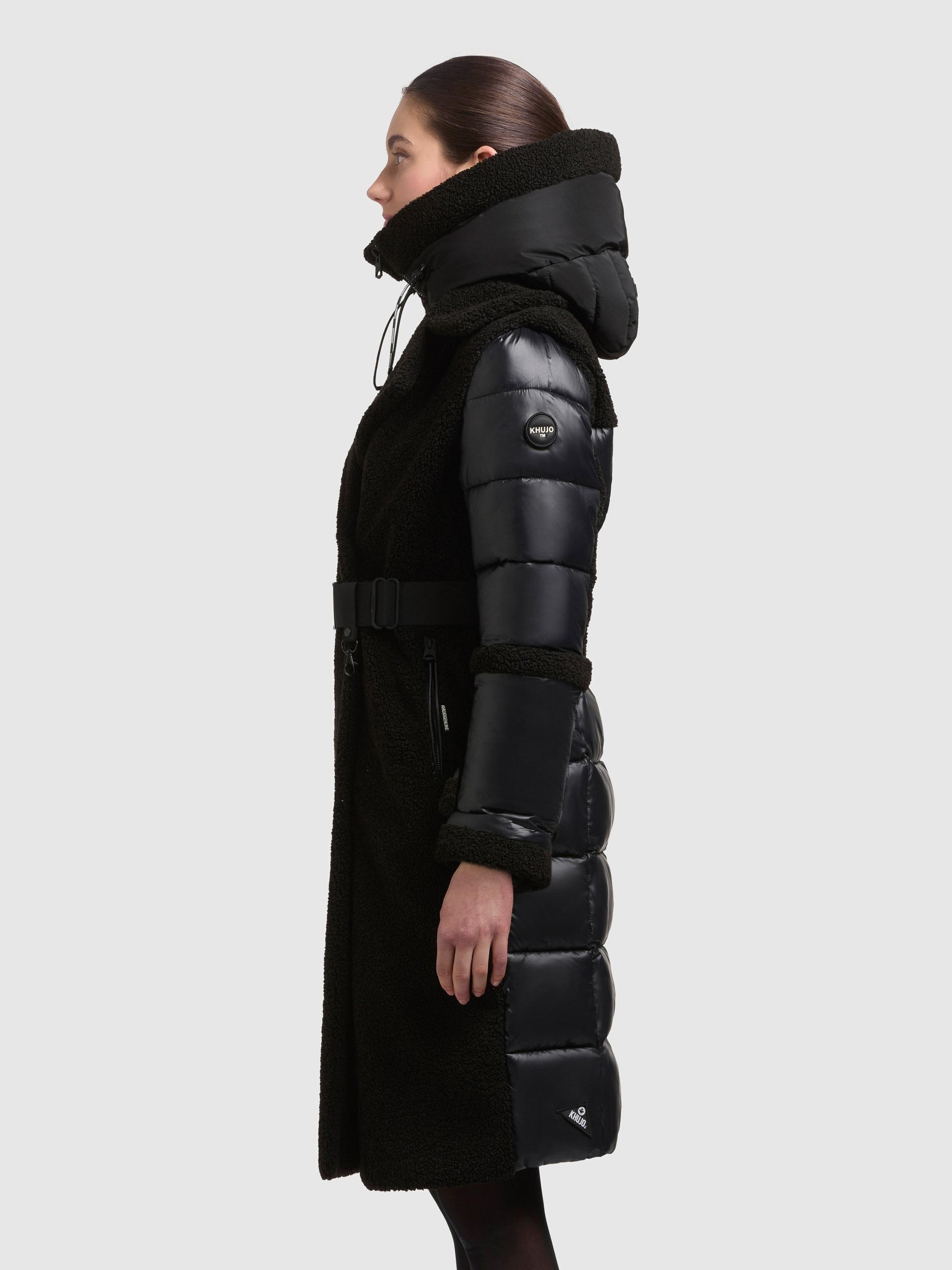 khujo Wintermantel »Kalmia« Langer Hybridmantel aus kuscheligem Plüsch mit Taillengürtel