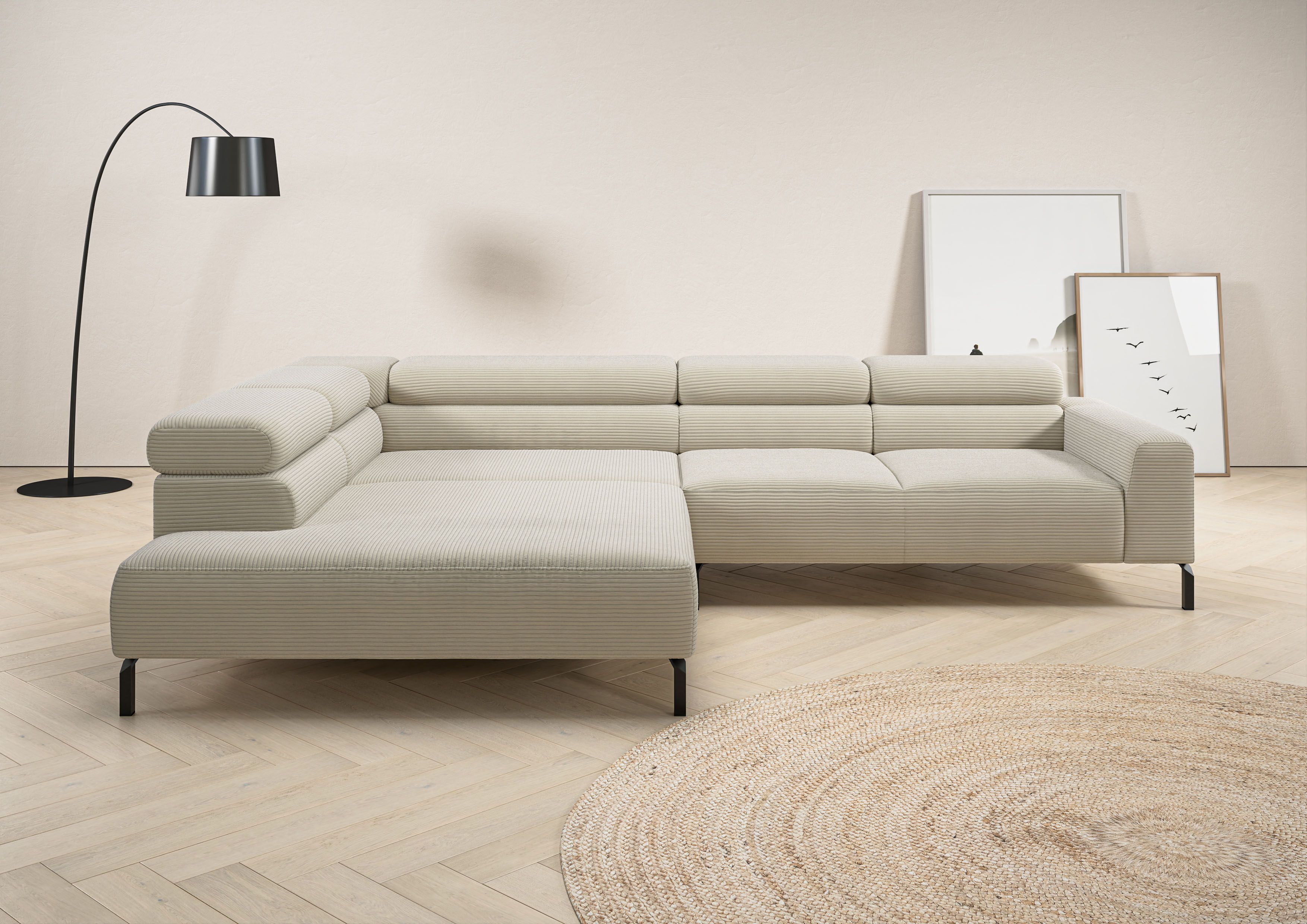 Home affaire Ecksofa "Antonelli, L-Form, incl. Kopfteilverstellung, Breite 312 cm" ohne Sitztiefenverstellung, in Cord, natur