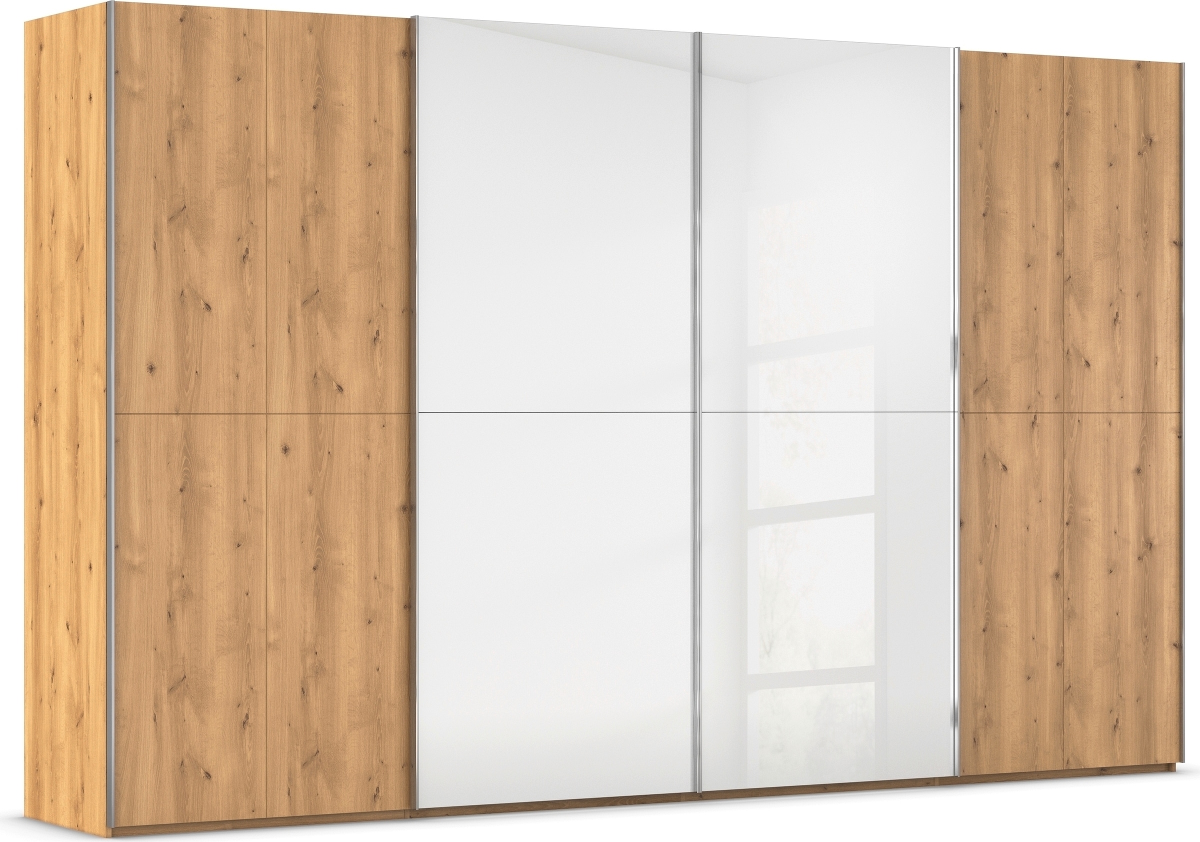 rauch Schwebetürenschrank "Kleiderschrank Schrank Garderobe Schlafzimmerschrank SCALE-WOOD" edle geteilte Front in massiver Asteiche mit Glastüren MADE IN GERMANY