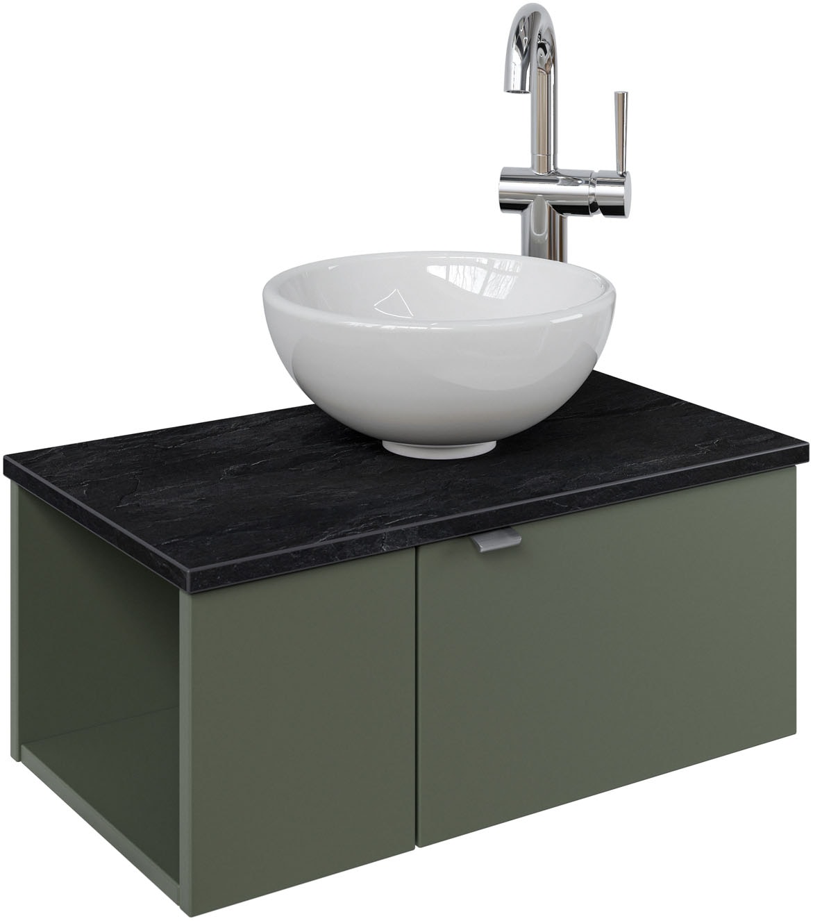 Saphir Waschtisch "Serie 6915 Waschschale mit Unterschrank für Gästebad, Gäste WC" Keramik-Aufsatzbecken, Waschtischplatte, Waschtischunterschrank, 3 Stk. tlg. 61 cm mit Keramik-Aufsatzbecken, 2 Türen und 1 Fach